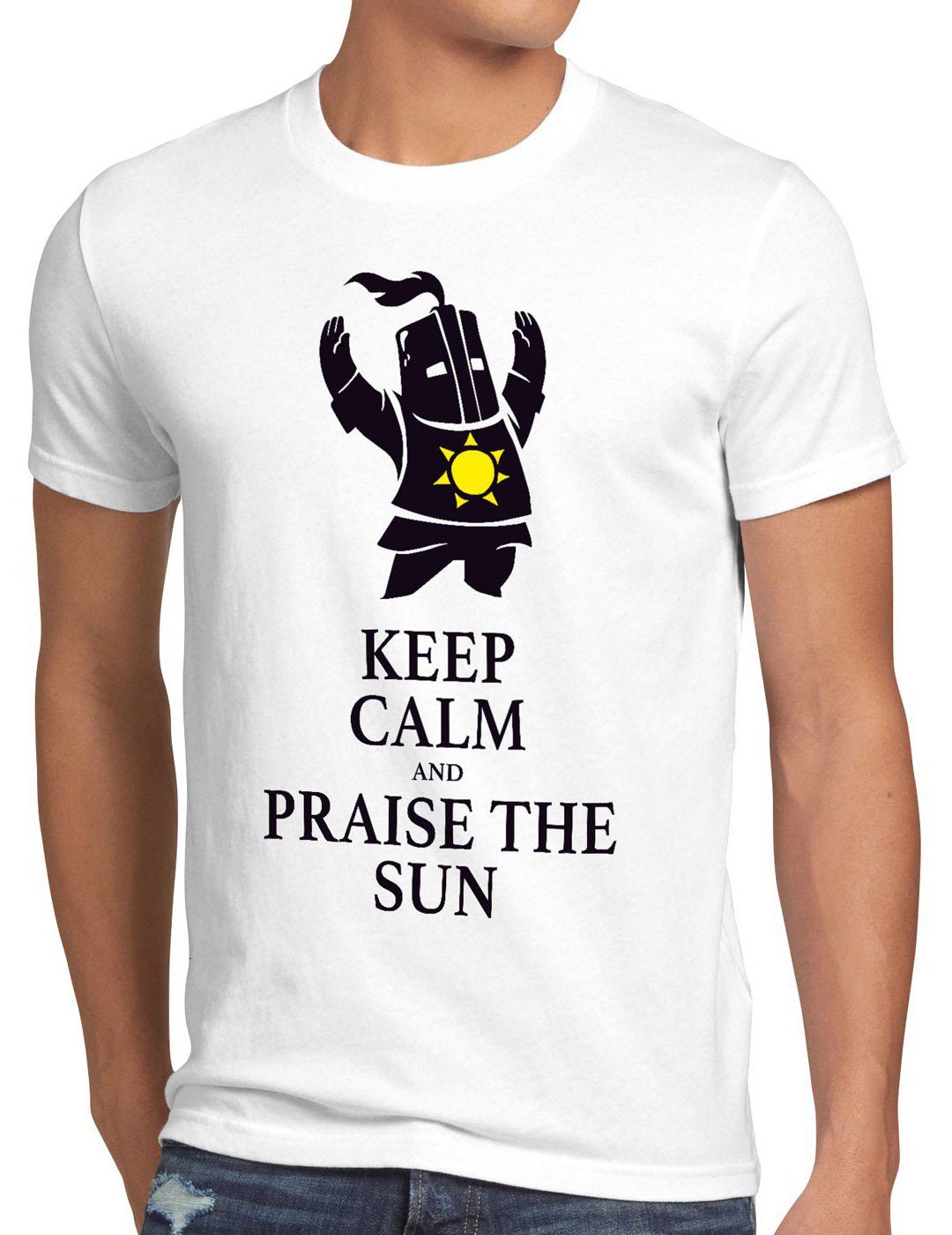 style3 Print-Shirt Herren T-Shirt Keep Calm Praise the Sun Dark Sunbro Solaire Souls Sonnen Ritter weiß