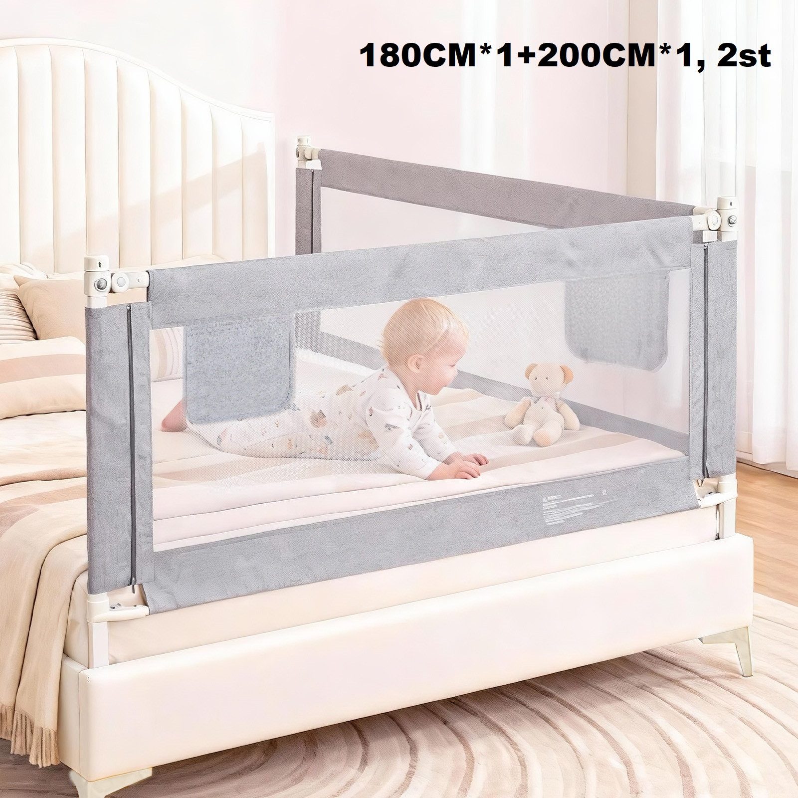 Huracan Bettschutzgitter Bettgitter Baby 150/180/200cm, Höhenverstellbarer (Rausfallschutz Bett für Boxspringbett, Elternbett, vertikales Heben, 2 St., Bettschutzgitter für Babys Kinder), Klappbar Kinderbettgitter mit Befestigungsband