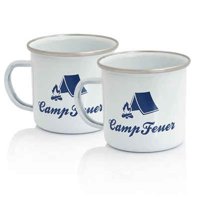 CampFeuer Tasse Emaille Tasse (2 Stück), 350 ml, Emaillebecher für Camping, Stahl
