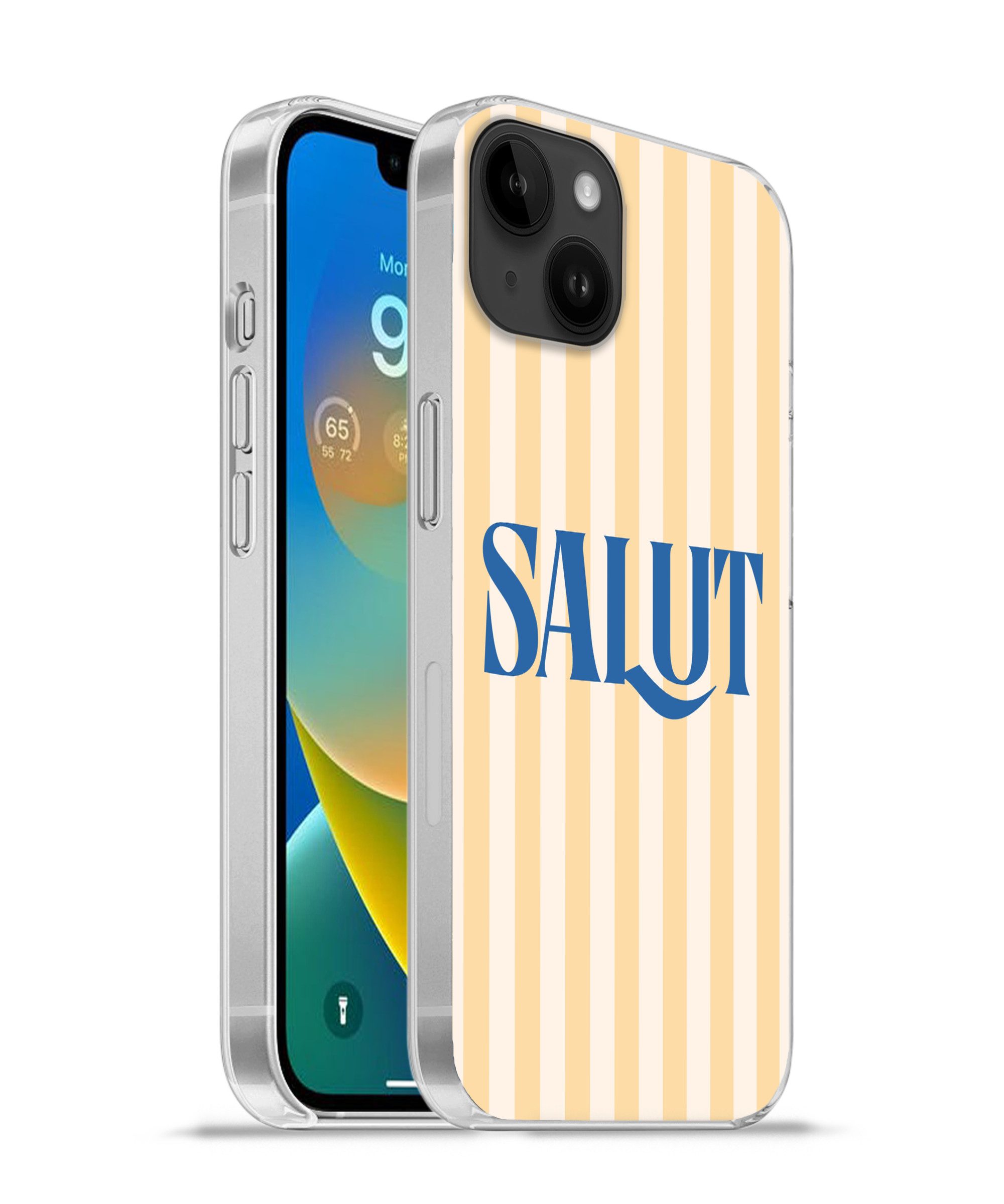 MuchoWow Handyhülle für Apple iPhone 14 Plus Salut - Zitat - Streifen - Gelb - Blau - Weiß, Smartphone-Bumper, Print, Handy Schutzhülle Dünn
