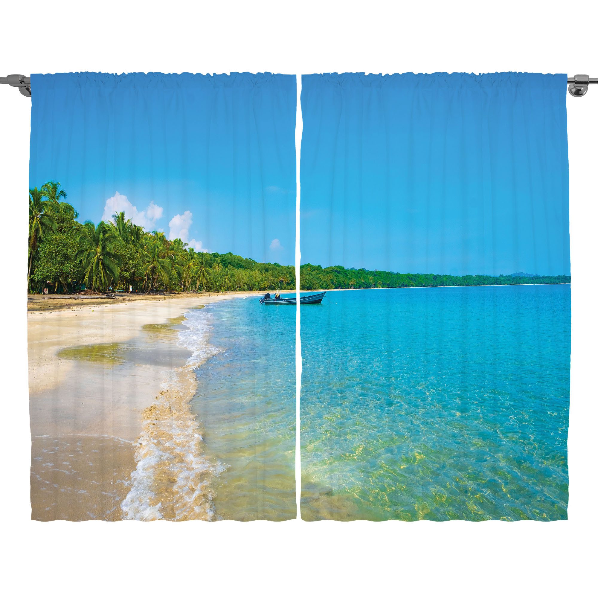 Abakuhaus Gardine Schlafzimmer Kräuselband Vorhang mit Schlaufen und Haken, Strand Karibik Palmen mit Boot