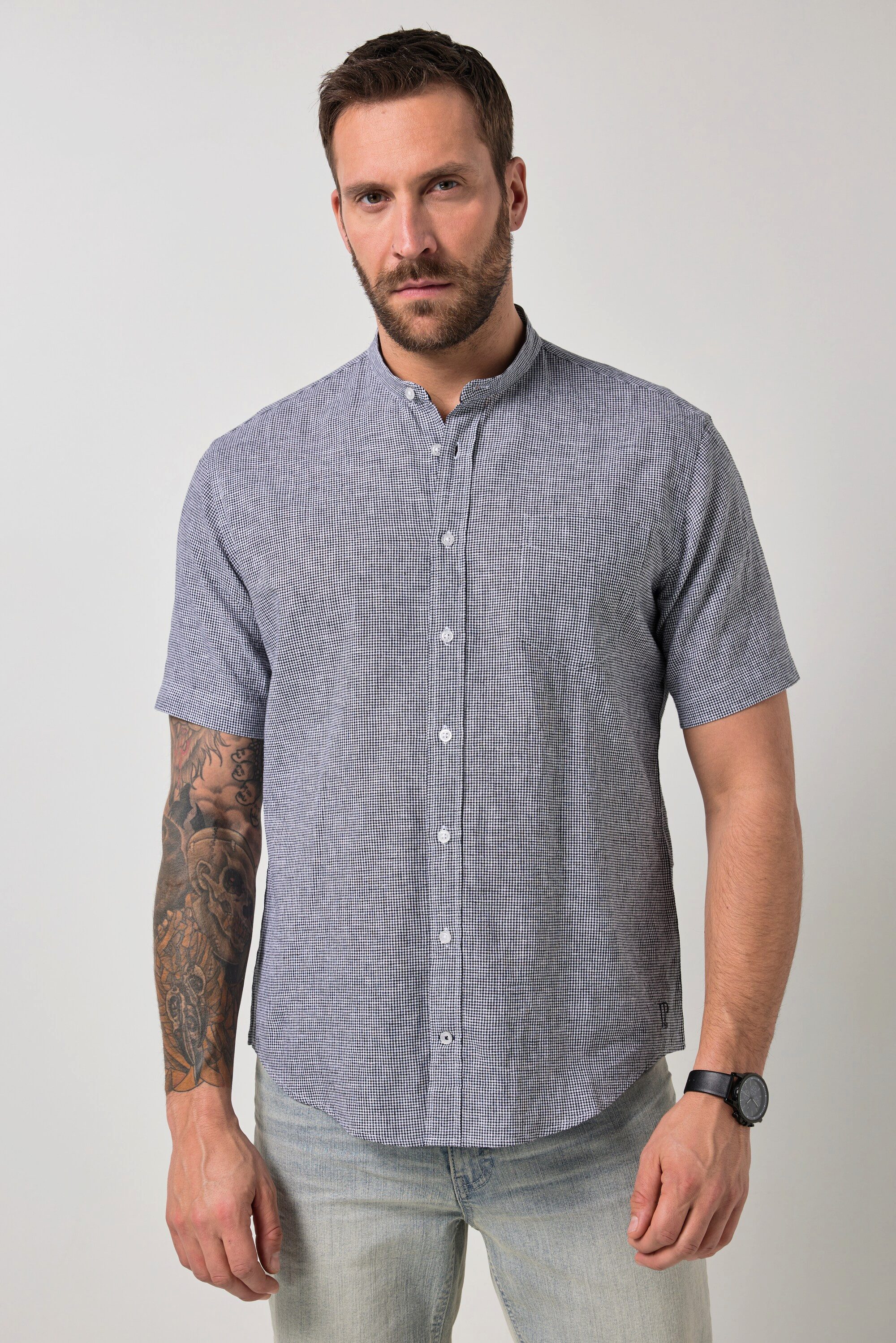 Kurzarmhemd Leinenmix-Karohemd Halbarm Stehkragen Modern Fit