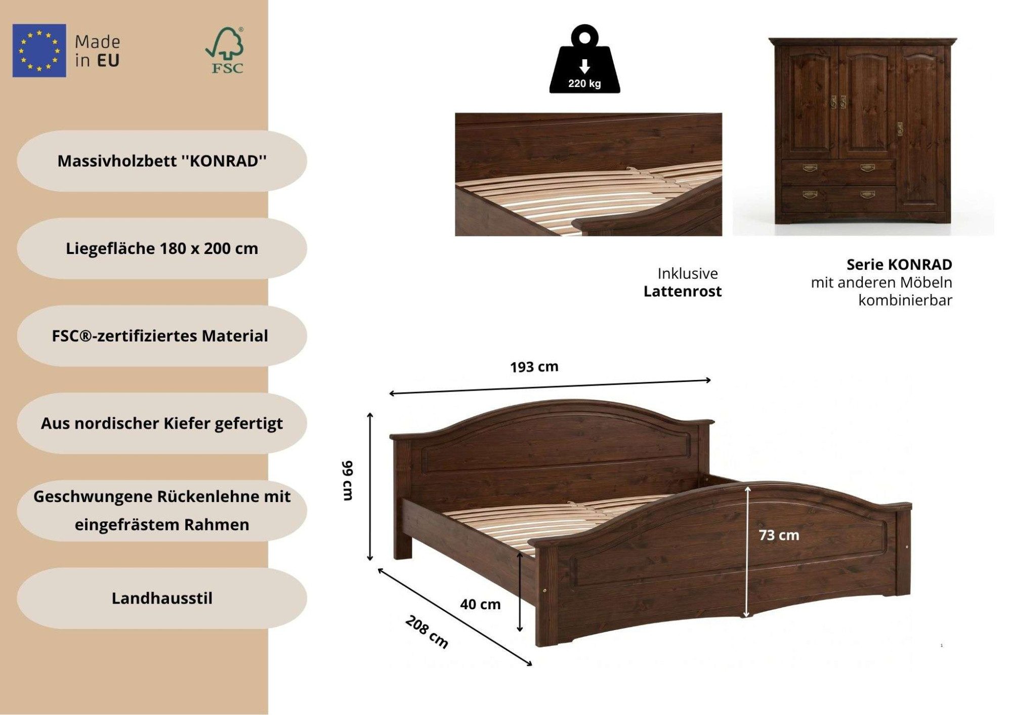 OTTO home Massivholzbett Konrad, hohe Belastbarkeit! FSC® zertifiziertes Massivholz (Breite/Belastbarkeit 180cm/220 KG, 140cm/180 KG), aus massivem Kiefernholz, – Bild 3 von 5