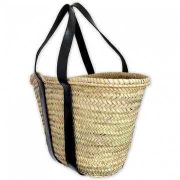 l-artisan Korbtasche Marokkanische Tragetasche, Einkaufstasche, Strandtasche, Handgefertigt PALMBLATT-TASCHE mit Schwarze Ledergriffen IBIZA-2S