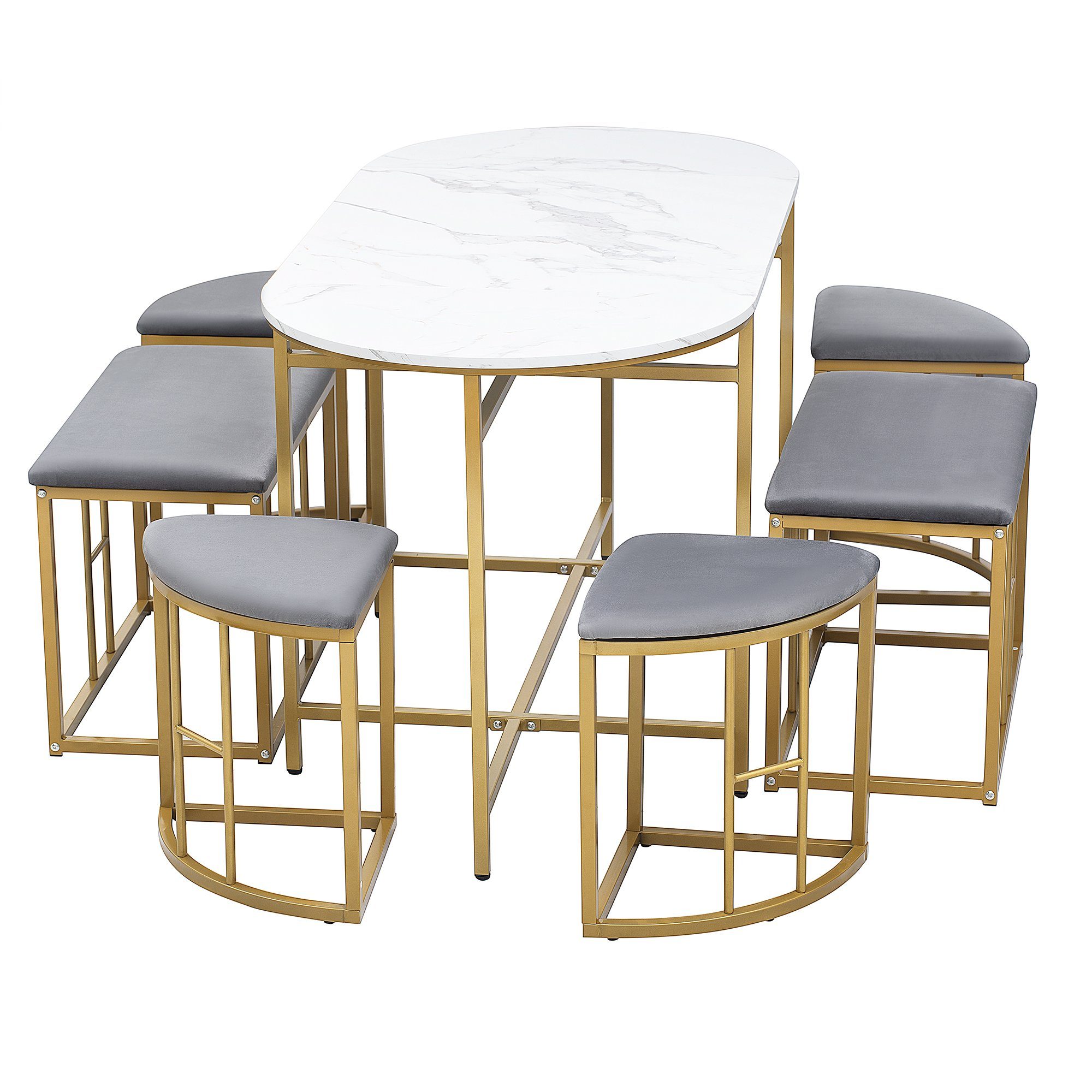 HAUSS SPLOE Essgruppe Esstisch belastbar weißer Set Essgruppe 140*70*76cm, Gold+Weiß+Grau ausStahlrahmen Stühle Moderner und Esstisch (6-tlg., 120 kg), Küchen und Set, mit Küchen Gold Esstisch