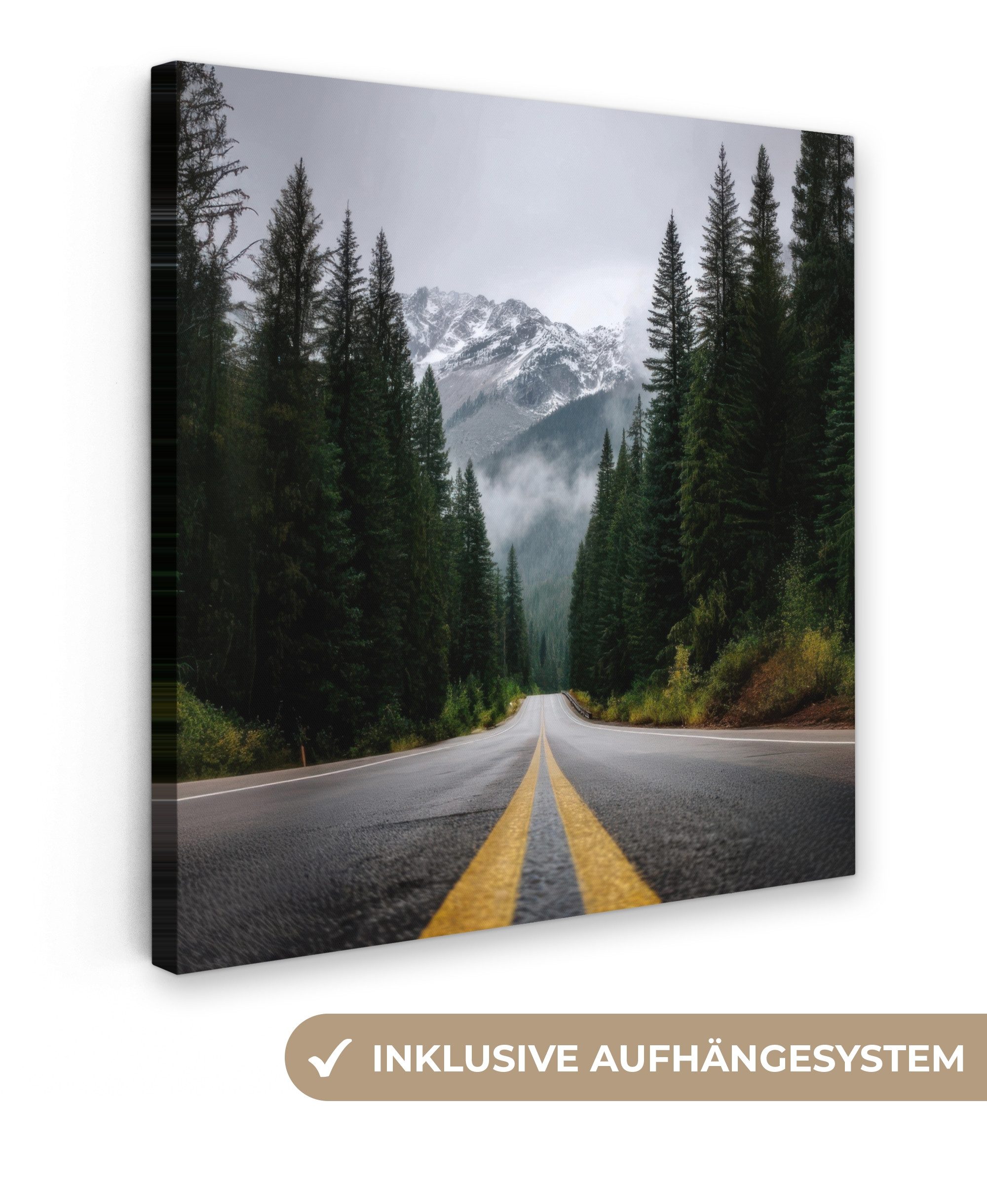 OneMillionCanvasses® Leinwandbild Fichtenwald - Straße - Berge - Schnee, Fotodruck (1 St), Wandbild, Deko Schlafzimmer Wohnzimmer Flur 20x20 cm