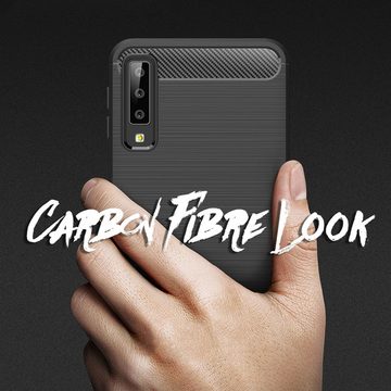 Nalia Smartphone-Hülle Samsung Galaxy A7 (2018), Carbon-Look Silikon Hülle / Matt-Schwarz / Anti-Fingerabdruck / Rutschfest Stoßfest Kratzfest / Karbon-Optik Schutzhülle / Slim Cover Soft Case Etui Handy-Tasche Backcover / Handy-Schale Backcase Handycover Handycase