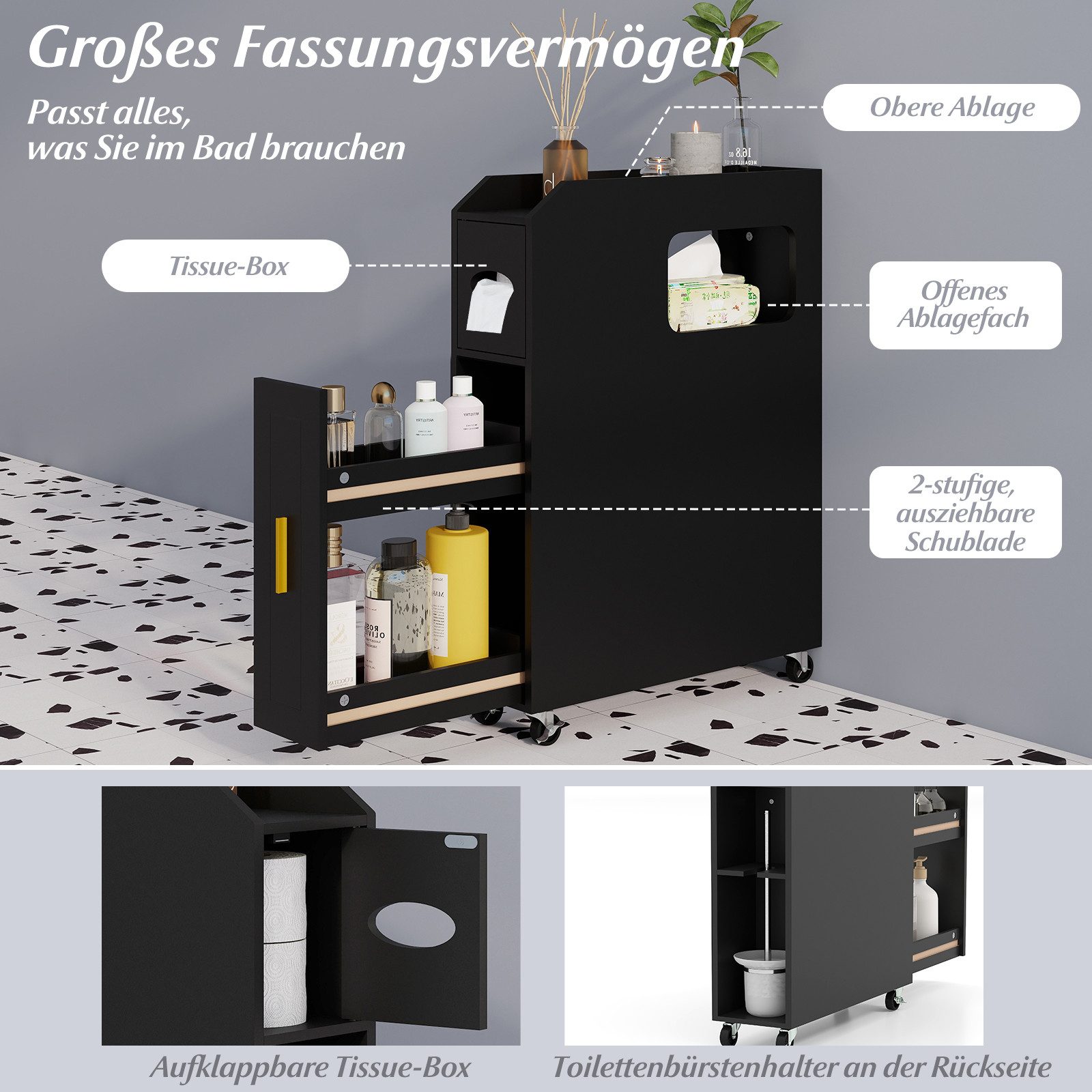 COSTWAY Badkommode, Nischenschrank schmal mit Schublade auf Rollen