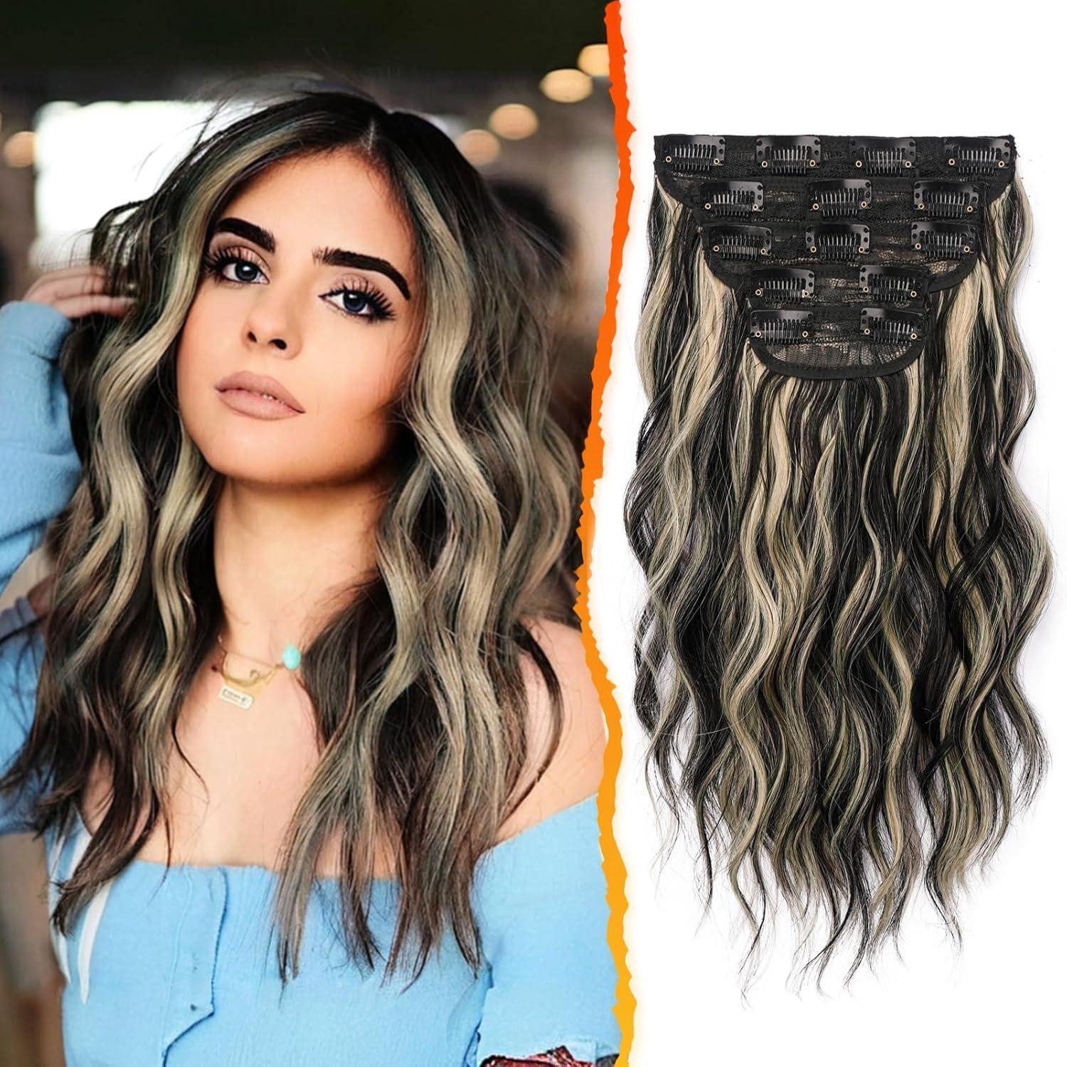 Kunsthaar-Extension Clip in Extensions 35cm Highlight Wellige Haarverlängerung 5PCs