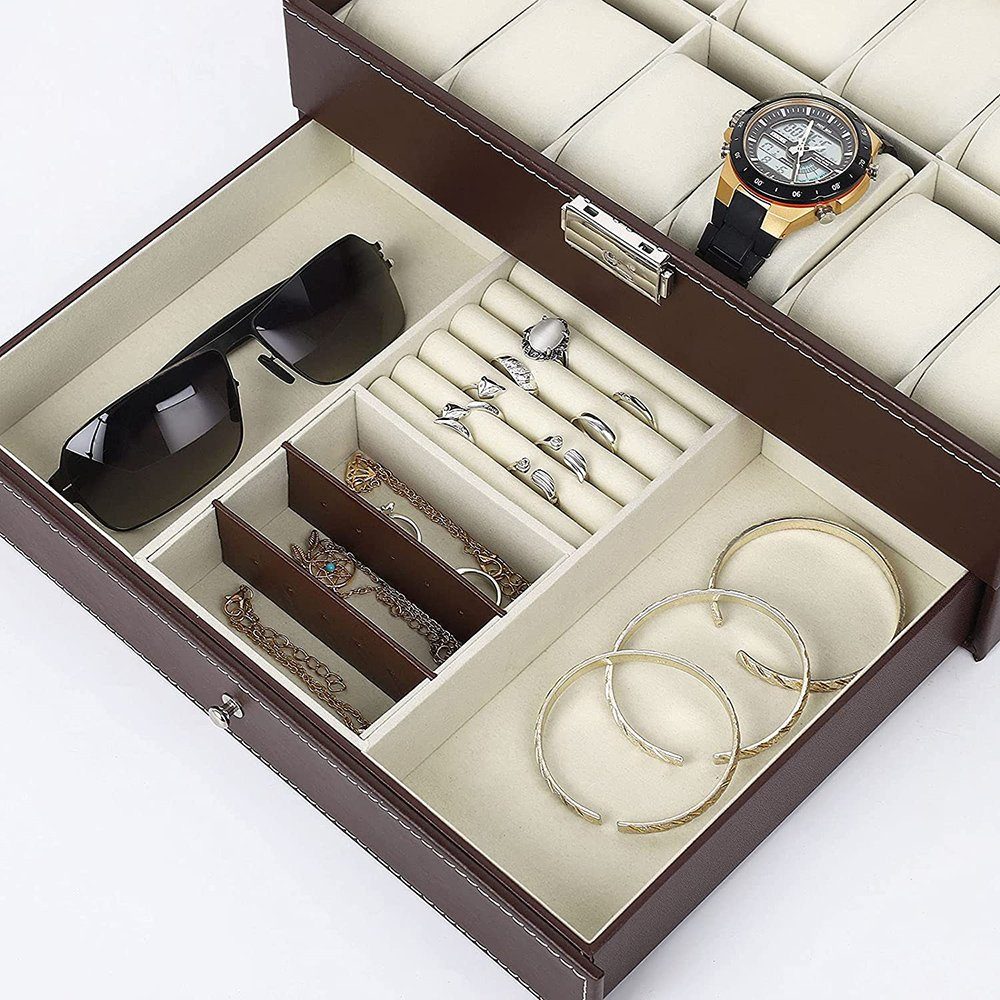 BTTO Schmuckkassette Schmuckbox,12 mit abschlie bare Schmuckkästchen,Uhrenbox,Doppelschicht Braun Design Glasdeckel,abschließbares Uhrenetui Uhrenkasten Fächer,