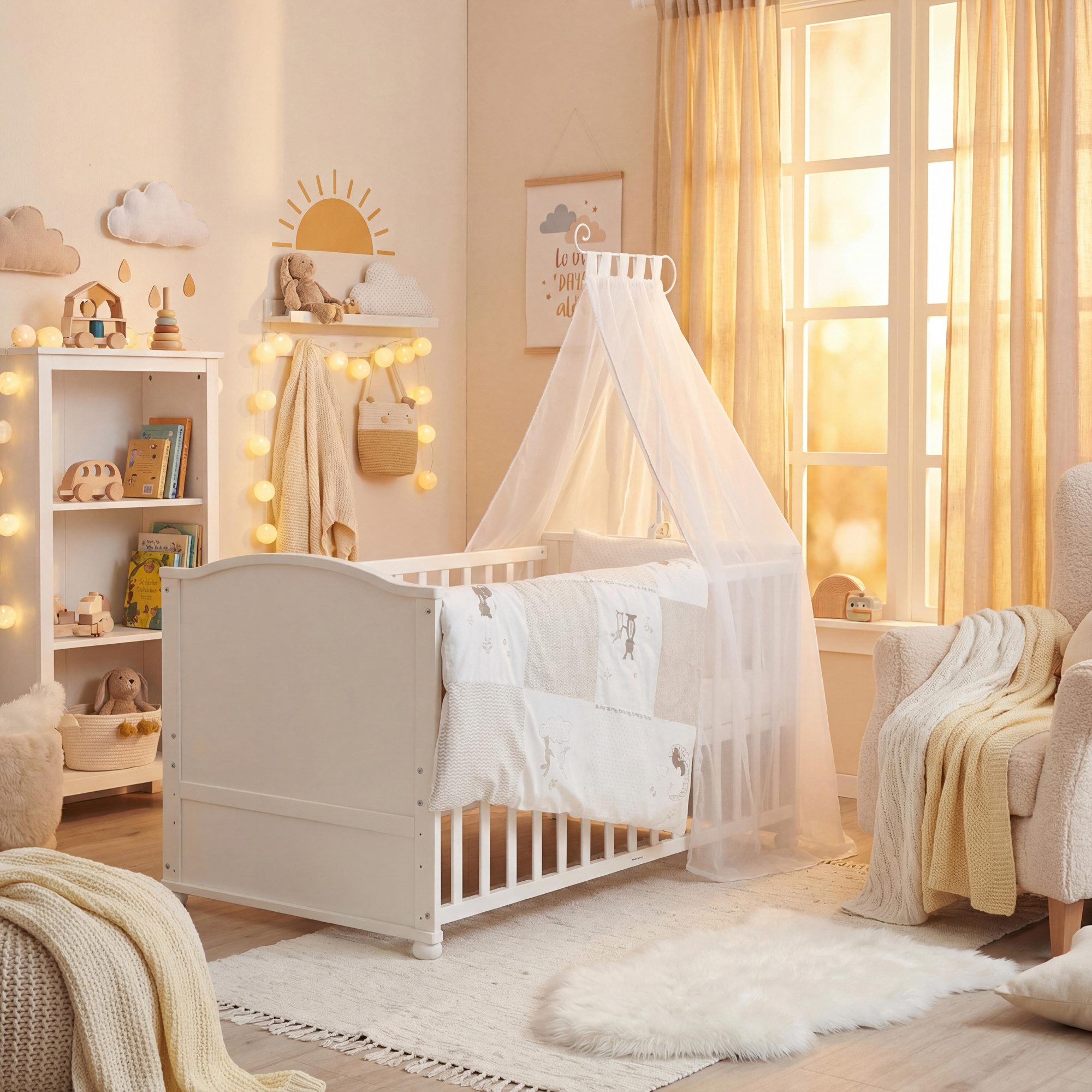 roba® Babybett Fox & Bunny 70 x 140 cm - Komplett Set Gitterbett Holz Weiß, mit Bettwäsche, Himmel, Nest, Matratze - Umbaubar Juniorbett