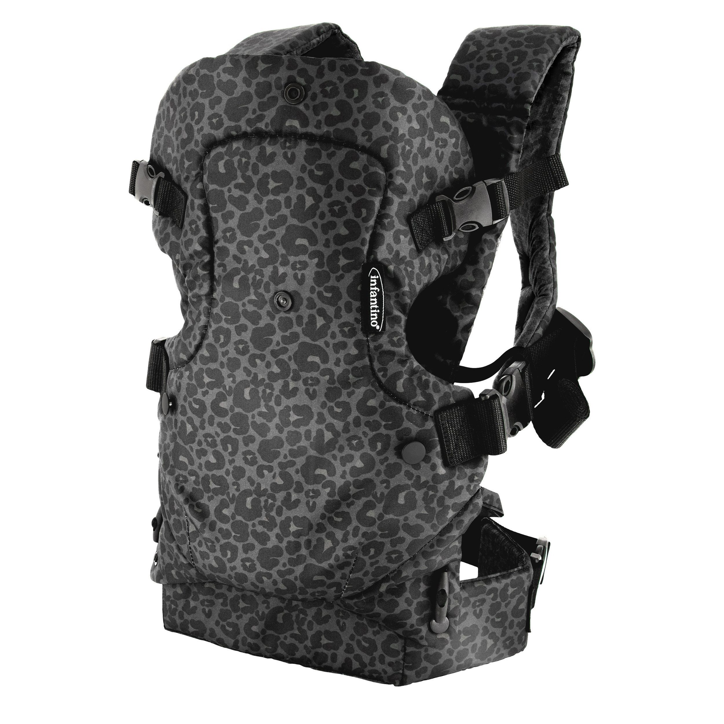 Infantino BKids Babytrage Flip Advanced - Leopard Black Print, Baby Bauchtrage Rückentrage ab Geburt von 3,6 - 14,5 kg 4 positionen