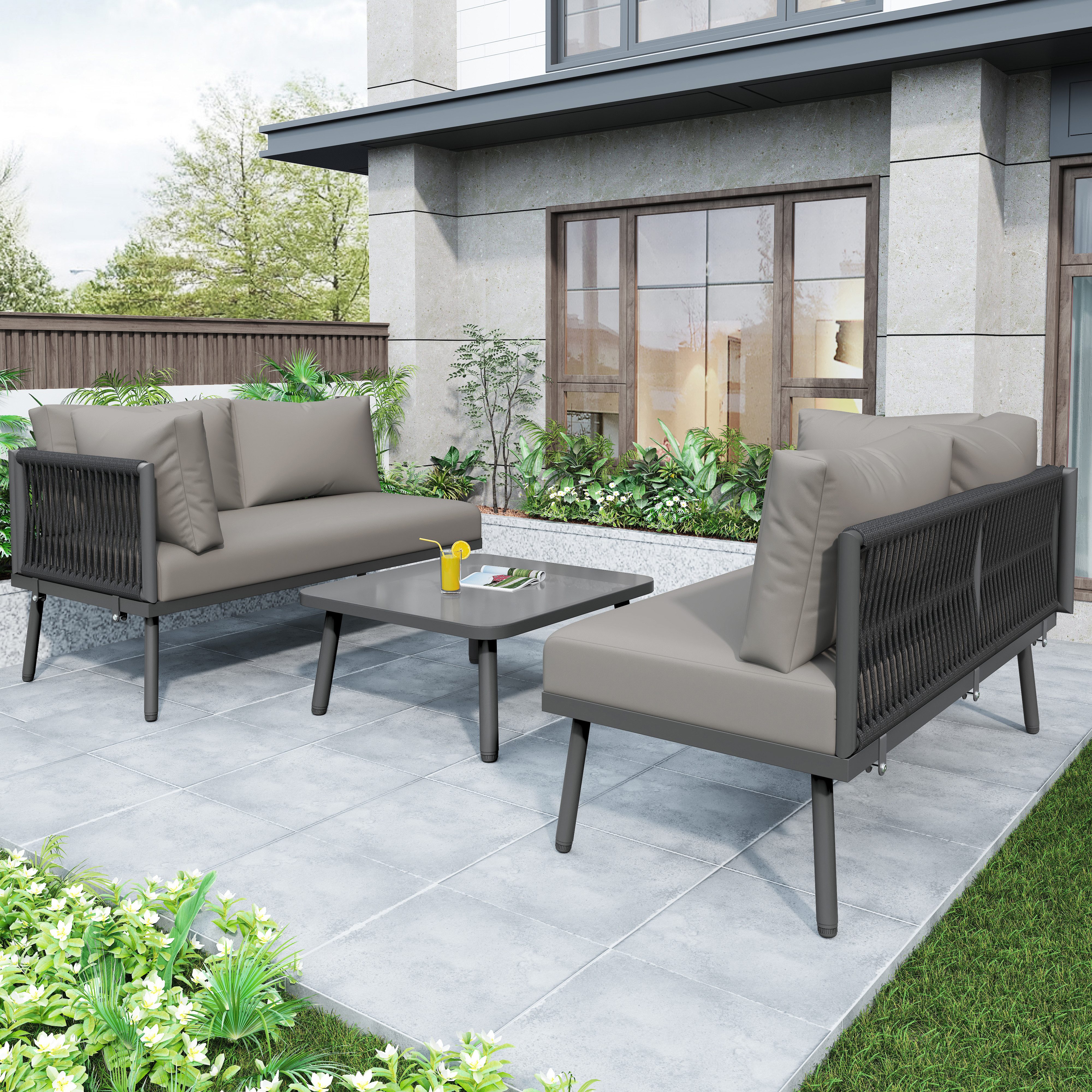 KLAM HOME Gartenlounge-Set aus grauem Seil handgefertigt mit Sitzkissen für 4 Personen, (3tlg., 2 Sofas 1 Tisch), Verstellbaren Füßen für Outdoor Terrasse Balkon Garten Indoor