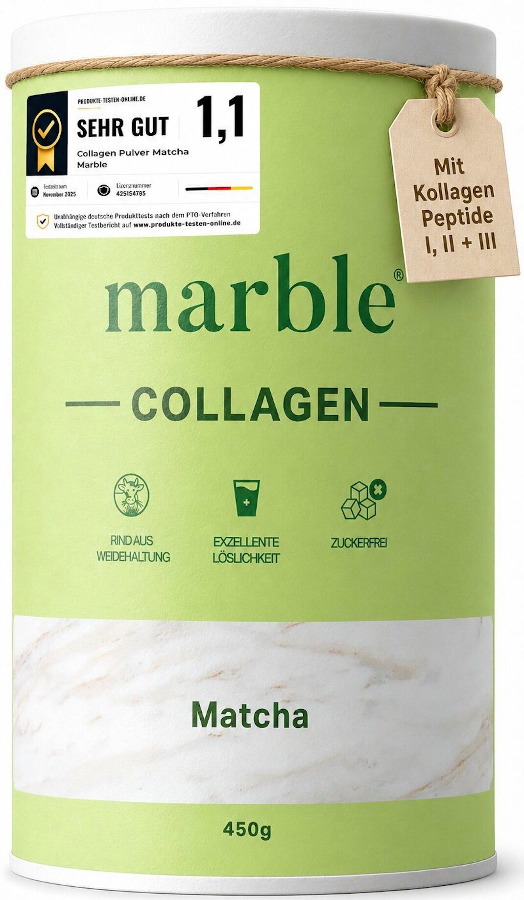 Marble Kollagen Pulver Matcha 450g – Typ I, II & III, ohne Zucker Pulver, Packung à 1 St., 450 g, Pappdose ohne Plastik, Umweltschonend