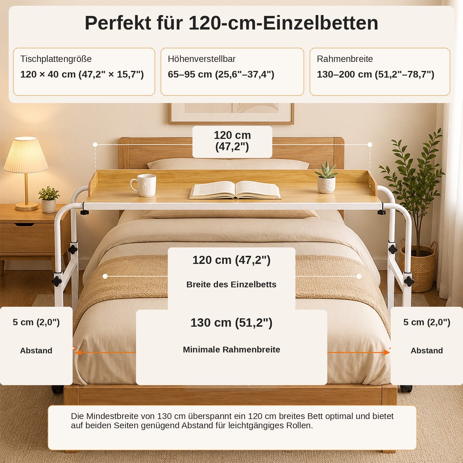 BlingBin Wangentisch Überbetttisch mobiler Betttisch Beistelltisch Laptoptisch mit 4 Rollen (1er Set, 1-St., 120-210 x 45 x 65-95 cm (L x B x H), Höhenverstellb – Bild 3 von 5