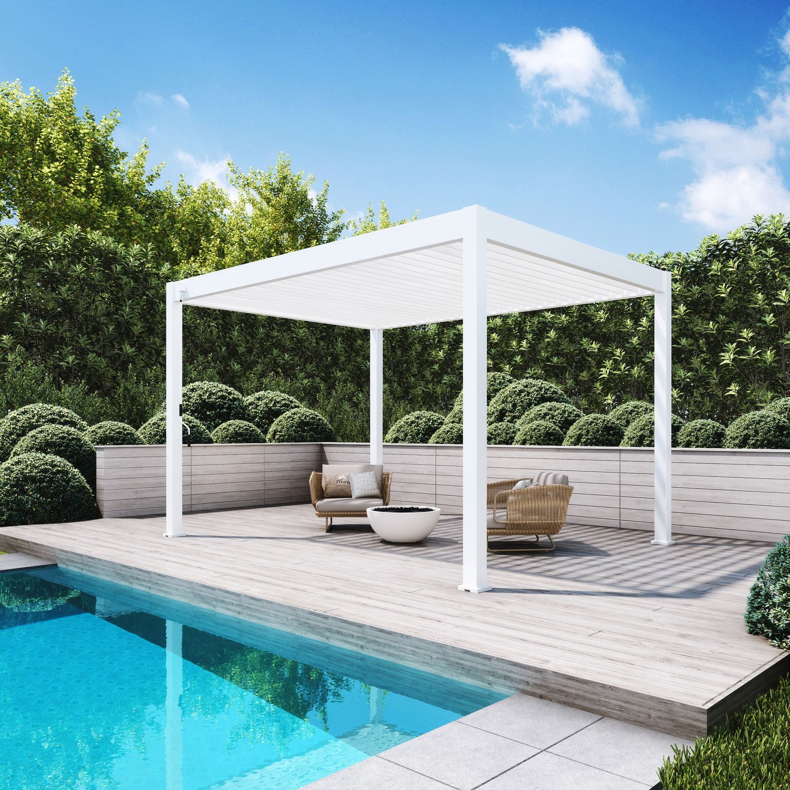 Weide Pergola Deluxe Pavillon Terrassenüberdachung Aluminium 3 x 4 M weiß, BxTxH: 400x300x255 cm, (Hochwertigste Aluminium-Konstruktion & verzinkte Stahl-Lamellen, Komplettset inkl. detaillierter Aufbauanleitung)