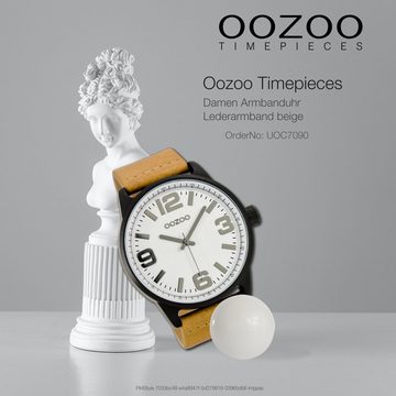 OOZOO Quarzuhr Oozoo Armbanduhr schwarz grau, Damen, Herrenuhr rund, extragroß (ca 48mm) Lederarmband, Fashion-Style