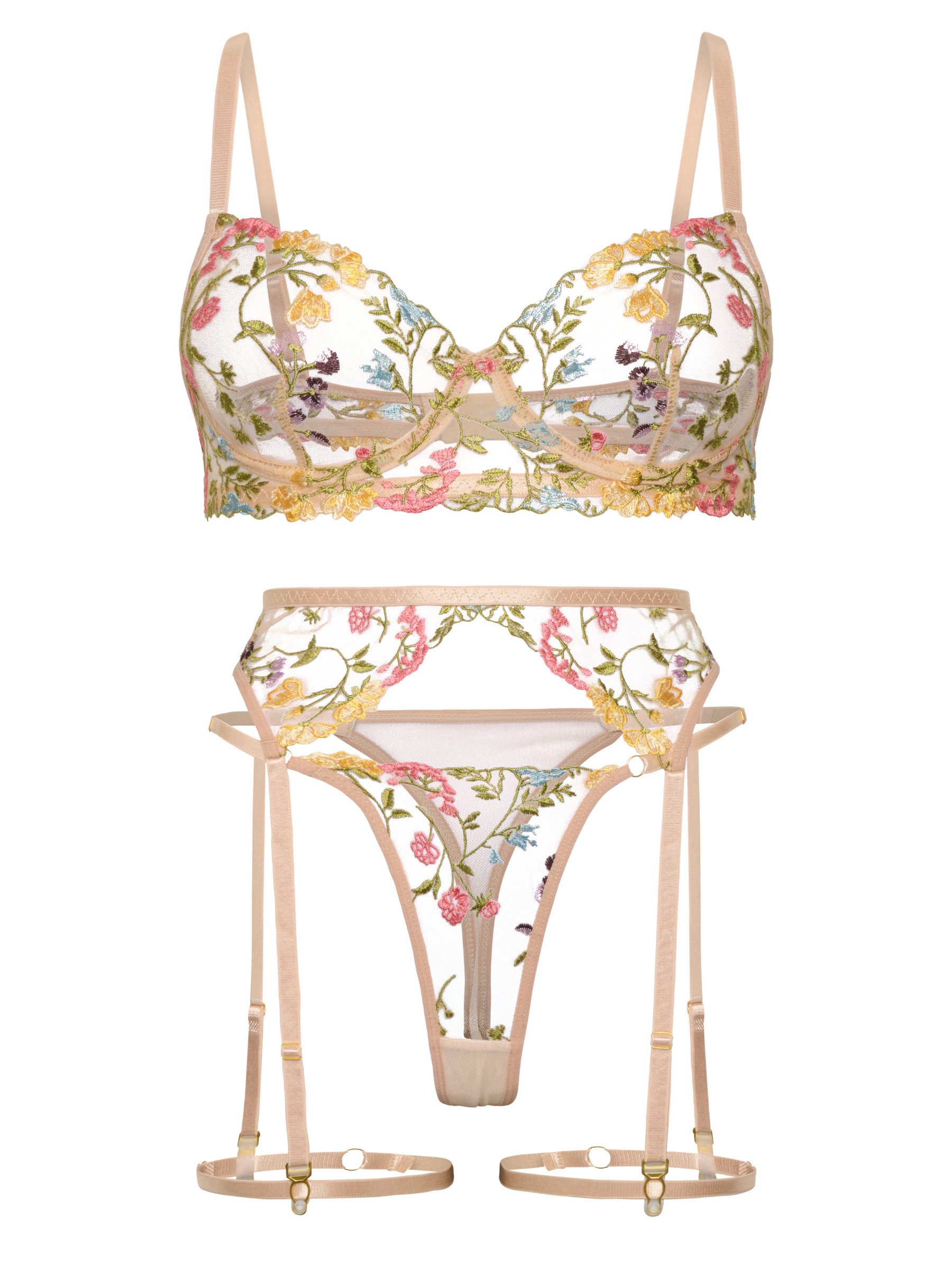 Elegant Love Set: Bügel-BH Sexy Dessous-Set, BH-Set mit Strumpfhalter (Set, 5-tlg., Spitze Bralette BH + G-String Tanga + Strumpfgürtel) Unterwäsche-Set für Dam – Bild 2 von 5