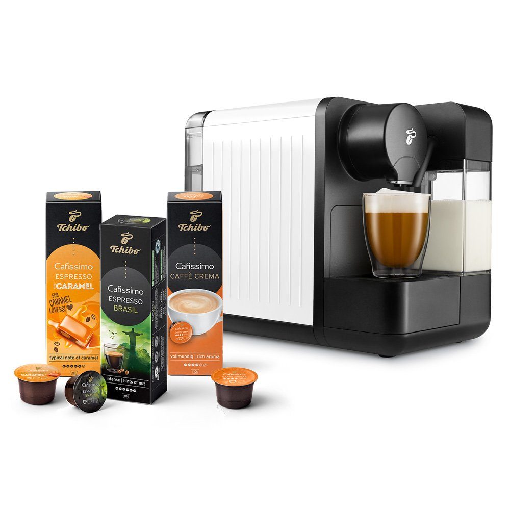 Tchibo Sorten 3 integriertem 1,2L weiß in Kapseln Kapsel-/Kaffeepadmaschine 3 Cafissimo mit "milk" Kapselmaschine inkl. Milchsystem,