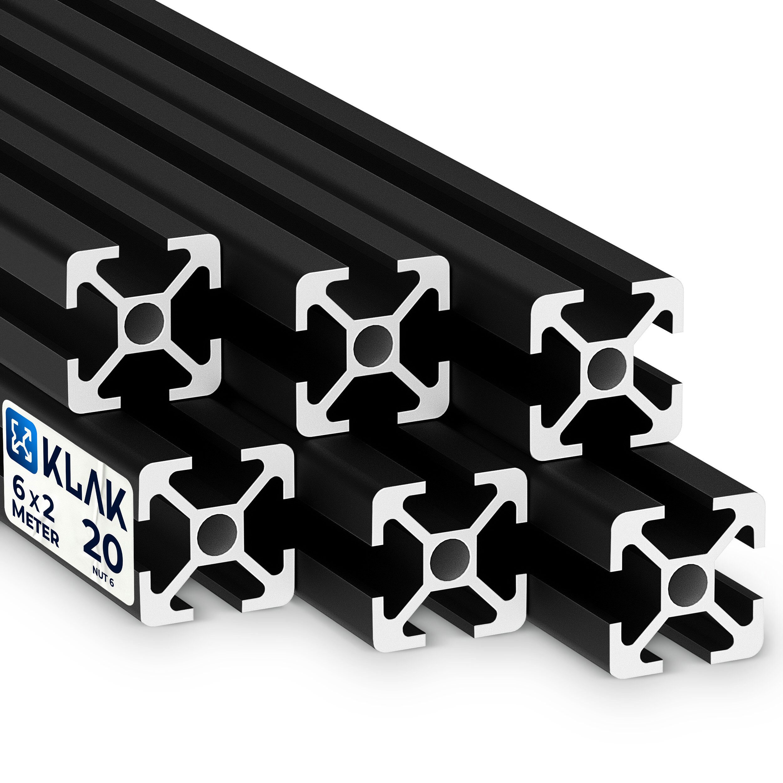 KLAK Profil KLAK 20 - 6x Aluprofil 20x20mm 2m Montageprofil Typ-I Nut 6 schwarz (Set, 6er)