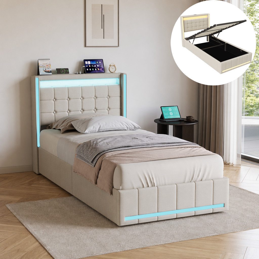 Simurq Einzelbett Polsterbett 90x200 mit Stauraum, Jugendbett, Gästebett, Stauraumbett, mit Bettkasten, Mit Lattenrost, USB Port & LED, Leinen