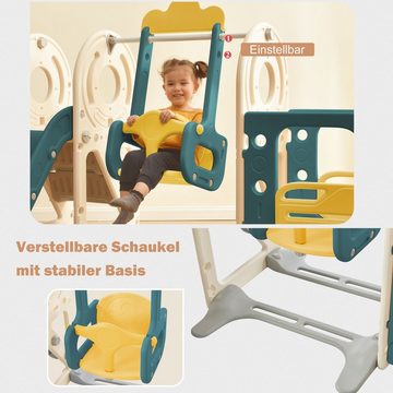 Merax Rutsche für Kinder mit Basketballkorb und rutschfeste Leiter, Busform, 5-in-1 Kinderrutsche mit Schaukeln, aus HDPE, belastbar bis 55kg