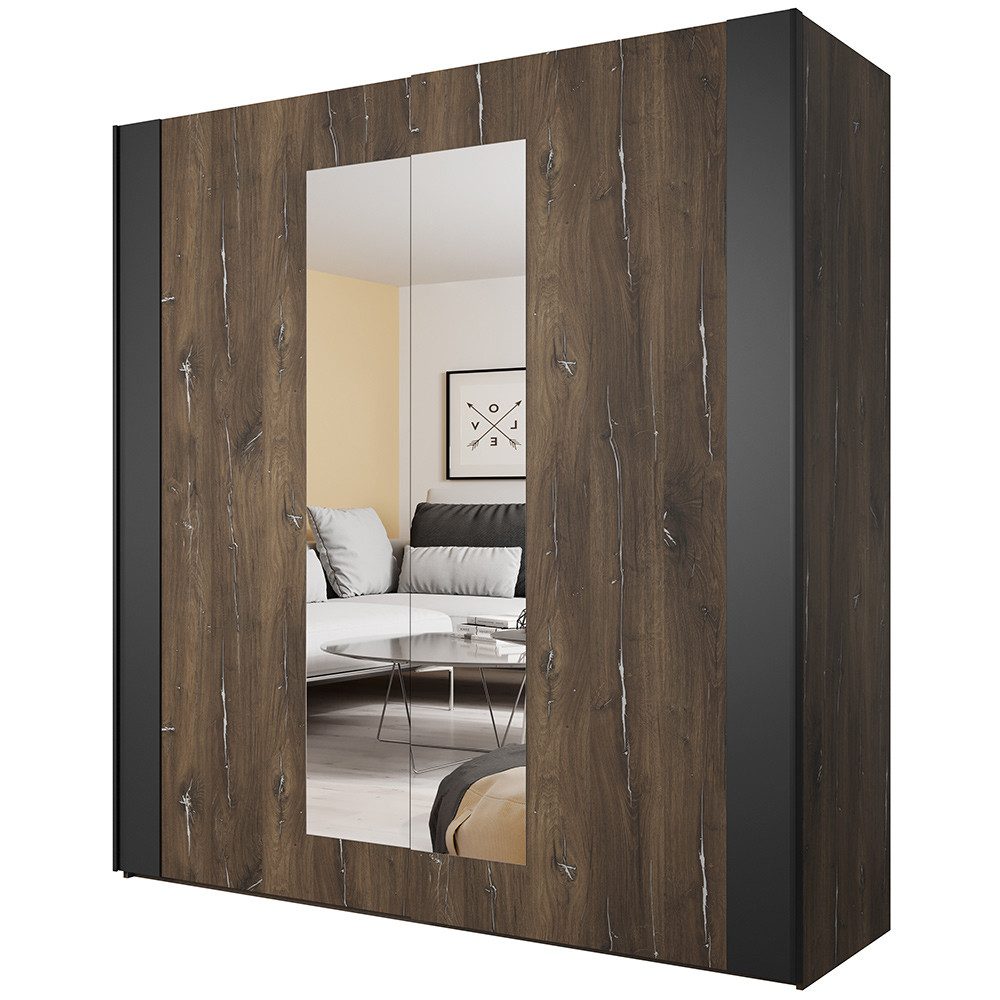 Lomadox Kleiderschrank SOLMS-83 Eiche dunkel Nb. und silber kombiniert mit schwarz 200/213/64 cm