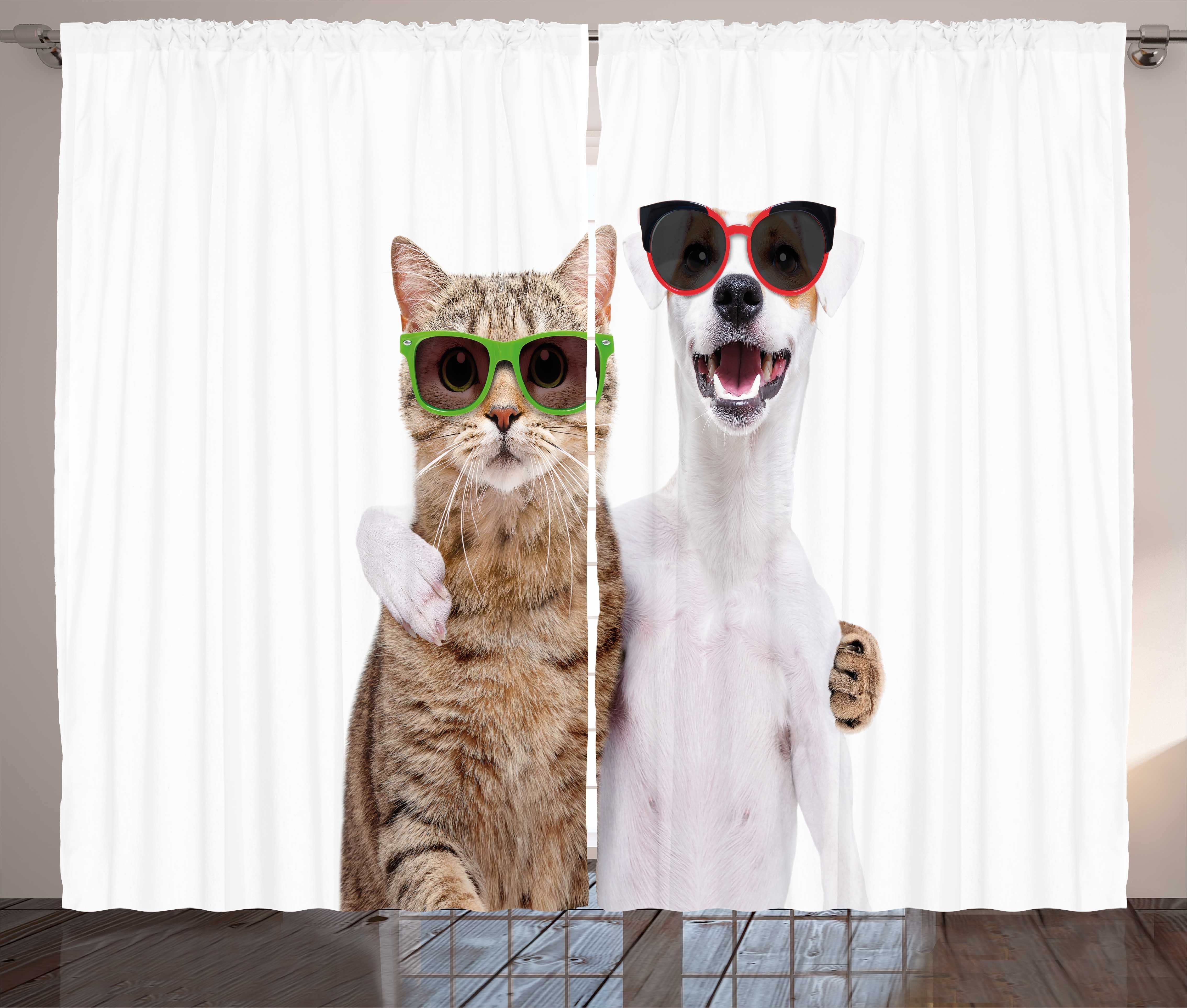 Gardine Schlafzimmer Kräuselband Vorhang mit Schlaufen und Haken, Abakuhaus, Süße Katze Katze und Hund in den Sonnenbrillen