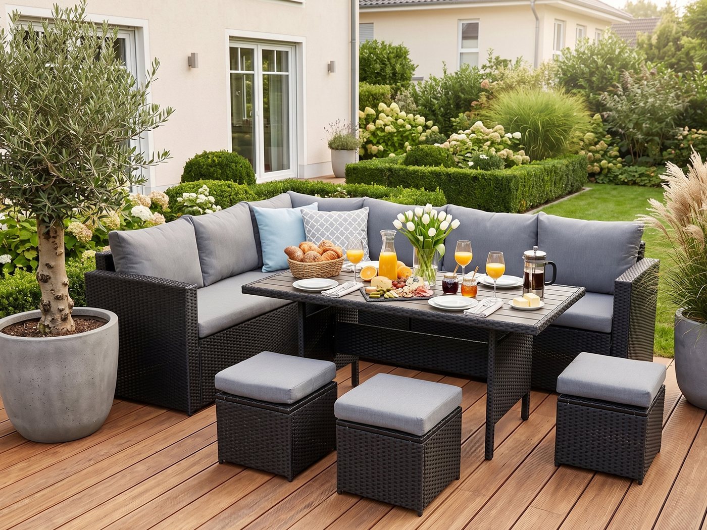 MeXo Loungeset Gartenlounge Set für 8 Personen wetterfest, (Esstisch breit 132x76x67cm, 7-tlg., Belastbarkeit pro Sitzplatz bis zu 140kg), Ecklounge, pflegeleichte Polywood-Tischplatte, Polyrattan/Stahl