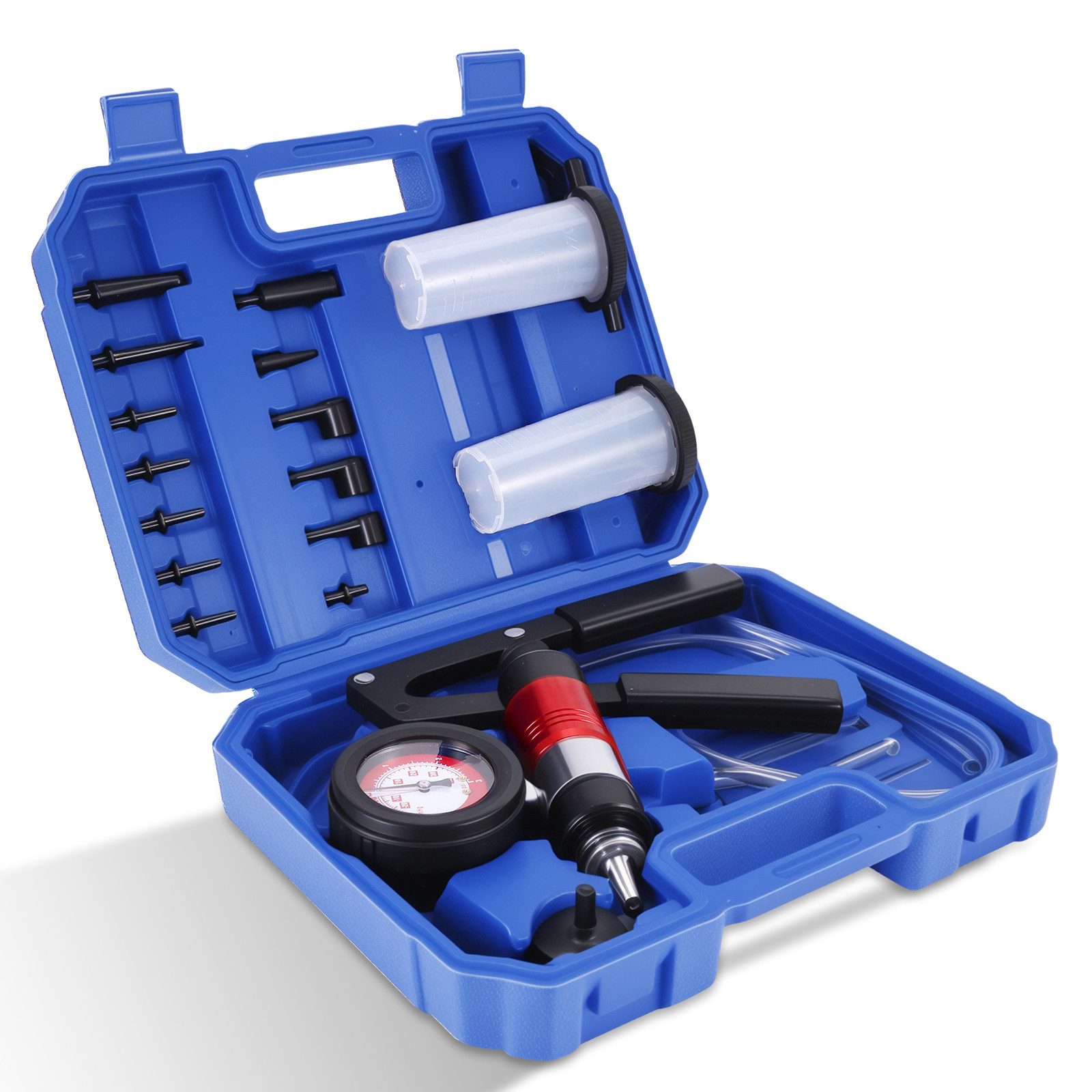 BlingBin Reifenfüllmessgerät Kfz Vakuumpumpe Handpumpe Druckpumpe Bremsenentlüfter Vakuumtester Kit, 1er Set, 22-tlg., 21tlg Vakuumtester Kit, Auto Unterdruckpumpe Bremsen Entlüften Unterdruck Prüfgerät