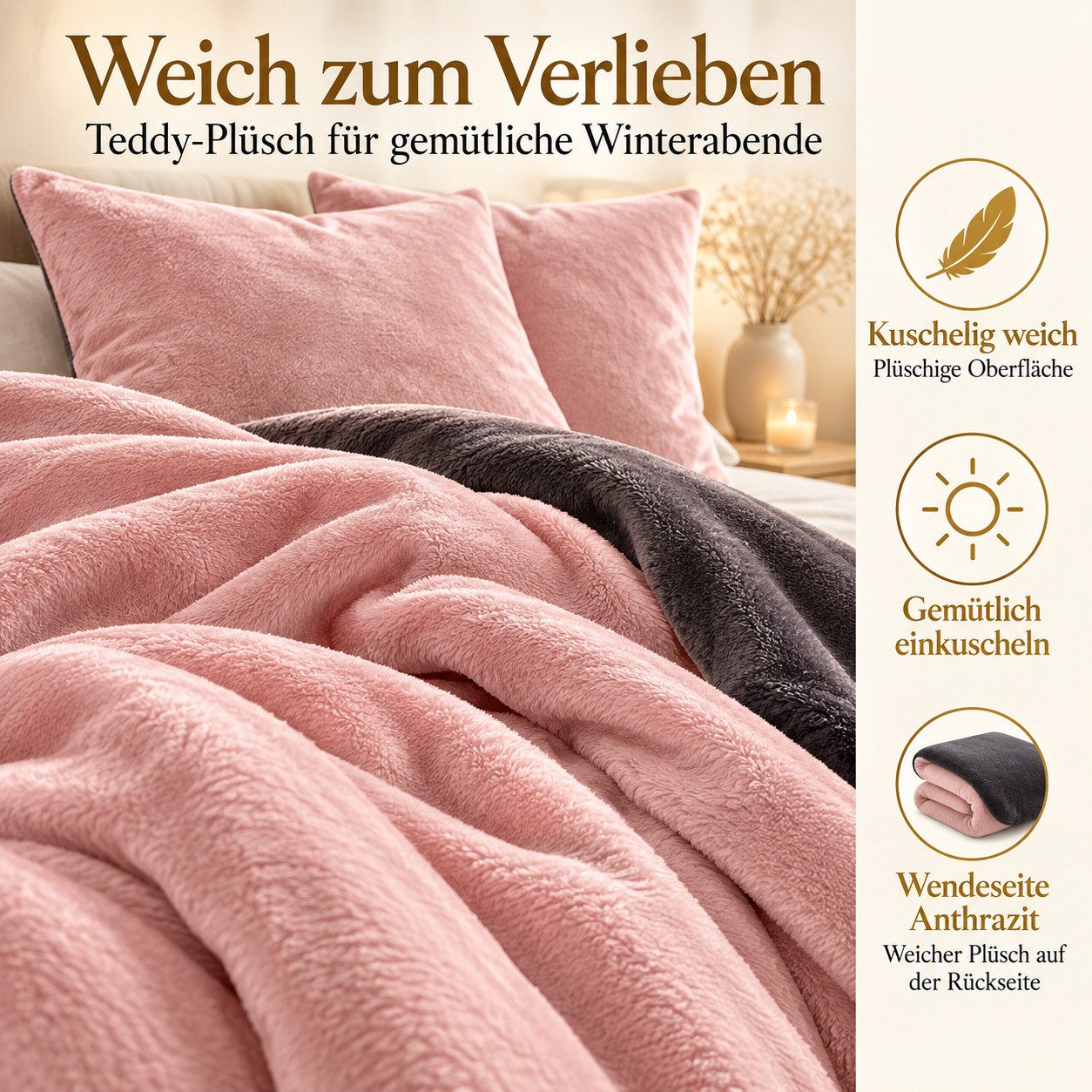 Leonado Vicenti Bettwäsche Winter Teddy Plüsch Cashmere Touch, Fleece, 3 teilig, flauschig warmes Nicky-Teddy-Plüsch, Einfarbig – Bild 5 von 5