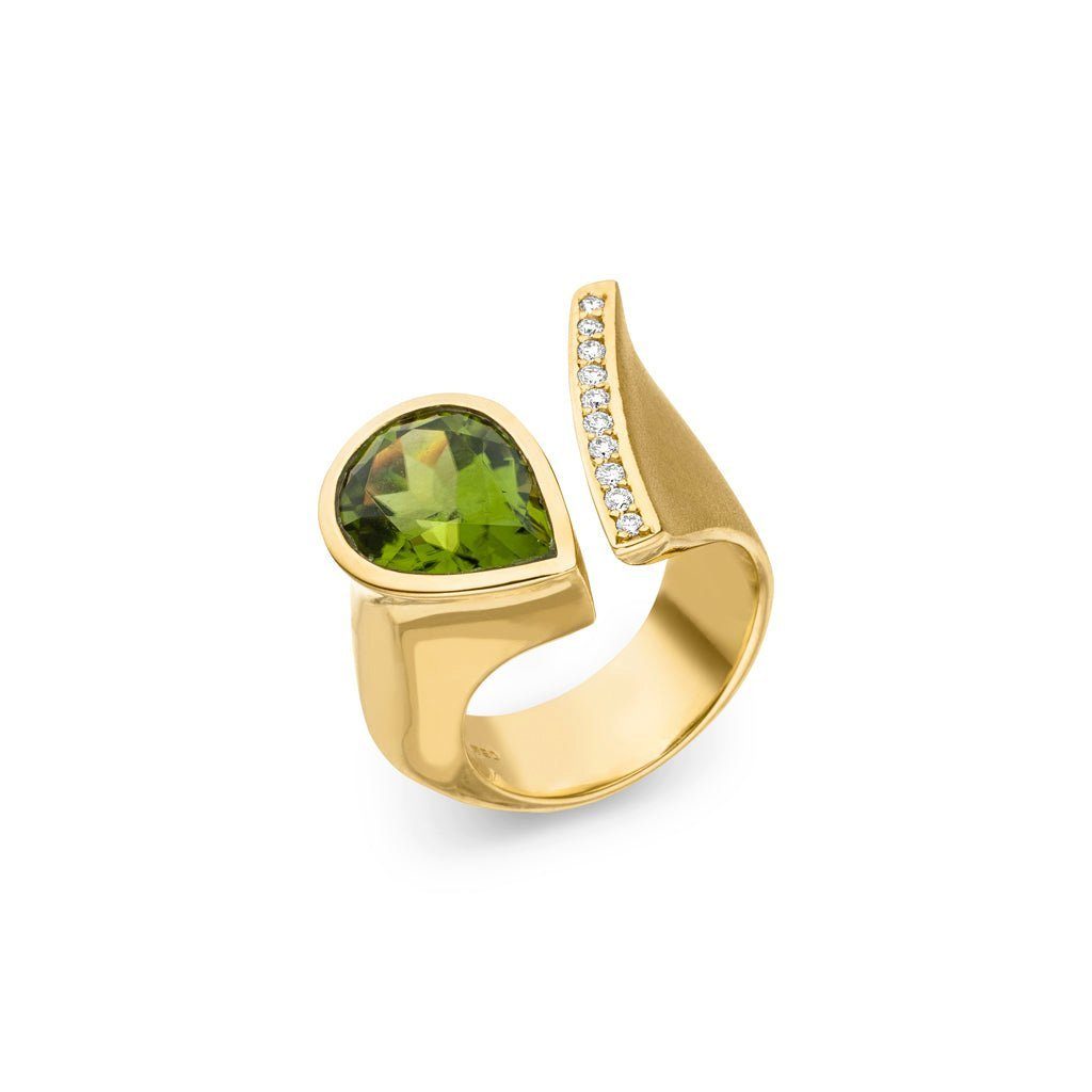 hochwertige Ring "Drop" Goldring Deutschland (Gelbgold aus mit Diamanten 750), Goldschmiedearbeit DESIGNSCHMUCK SKIELKA Peridot