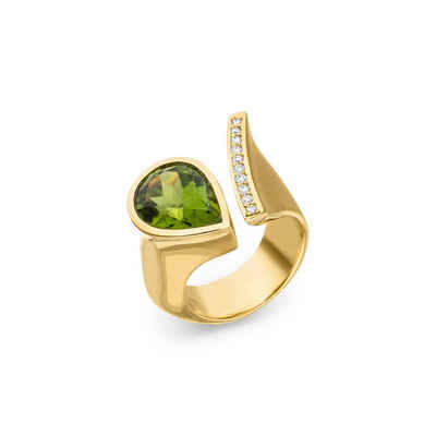 SKIELKA DESIGNSCHMUCK Goldring Peridot Ring "Drop" mit Diamanten (Gelbgold 750), hochwertige Goldschmiedearbeit aus Deutschland