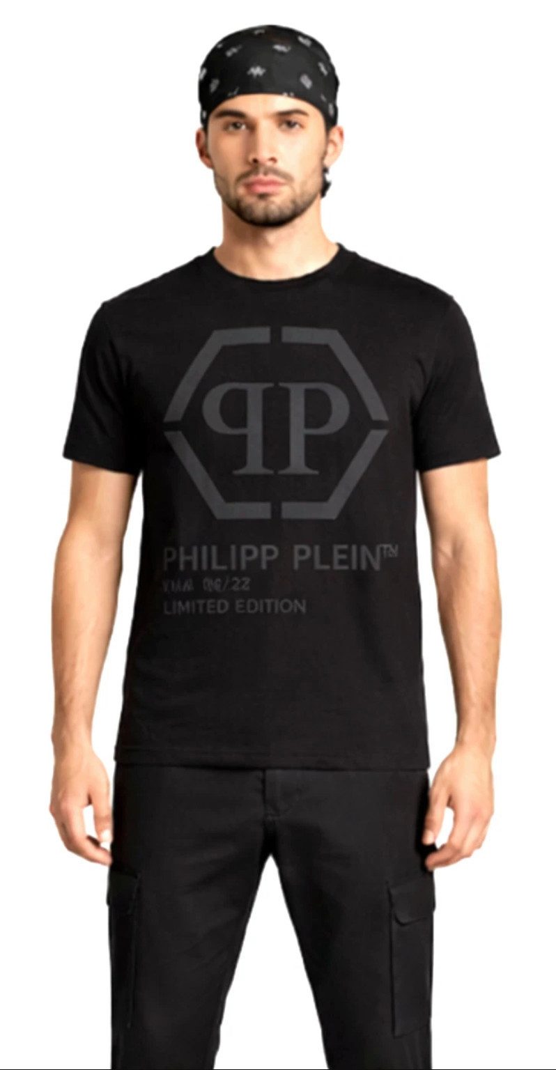 PHILIPP PLEIN T-Shirt Gold Cut T-Shirt Limited Edition Logo Shirt Rundhals Top doppelt genähte Säume,Sechseckiges Logo an der Passe