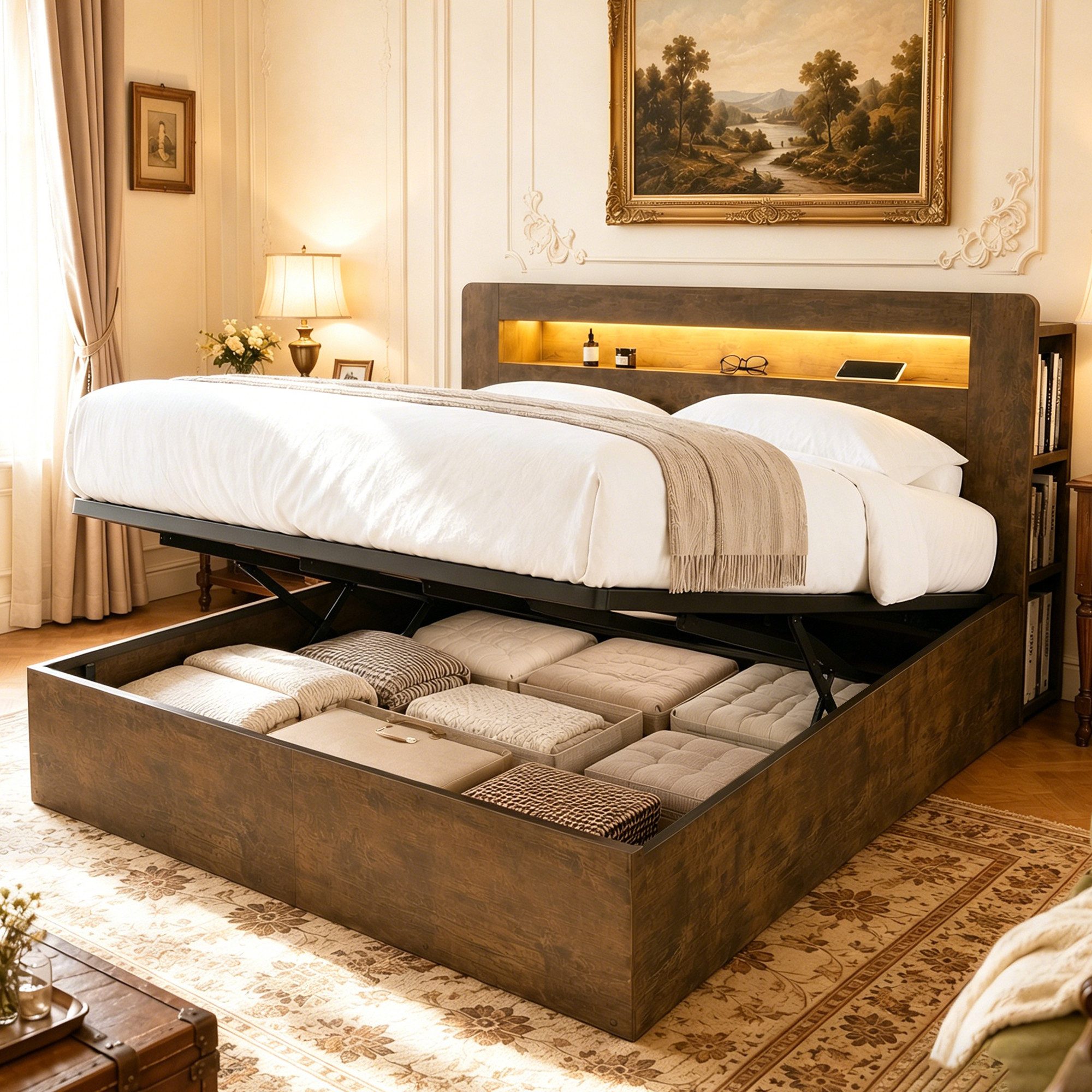 OKWISH Funktionsbett Holzbett Stauraumbett (mit Stauraum, hydraulischem Hubsystem, LED-Kopfteil und integrierten Steckdosen), ohne Matratze