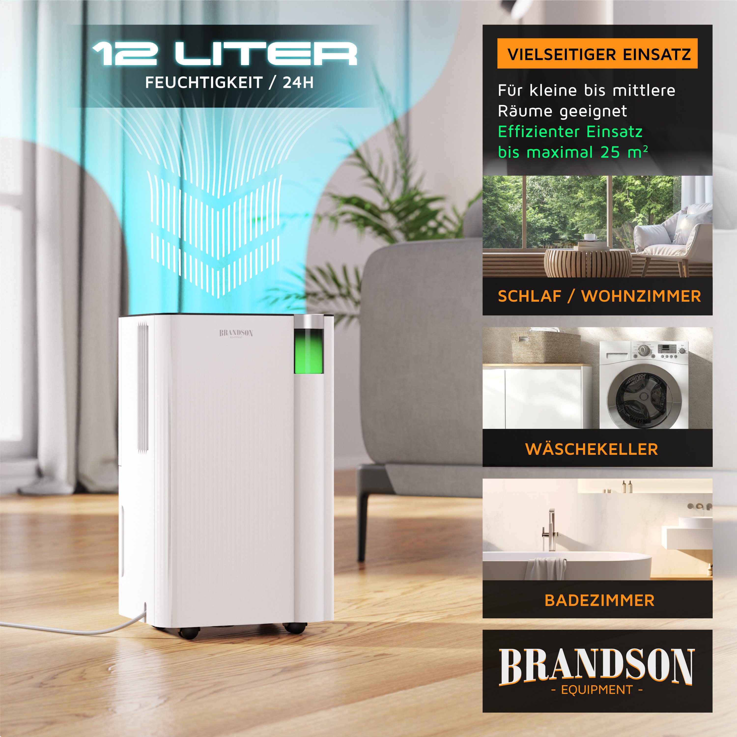 Brandson Luftentfeuchter Kompressor, WLAN, 12 L pro 24 h, 2 L Wassertank, bis 25 m², Entfeuchtung 12 l/Tag, Tank 2 l, App-Steuerung, Alexa, Timer 1–24 h, 3 Modi, Ablaufschlauch