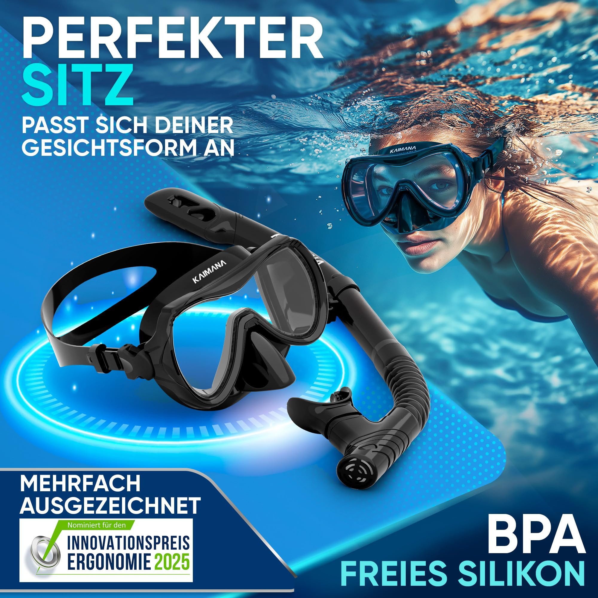 KAIMANA Tauchermaske AquaVision Elite Schnorchelset für Erwachsene inkl. Tragetasche, (Bequeme Taucherbrille Erwachsene, Alternative zur Schnorchelmaske), Taucherbrille mit Stoffband/Silikonstrap