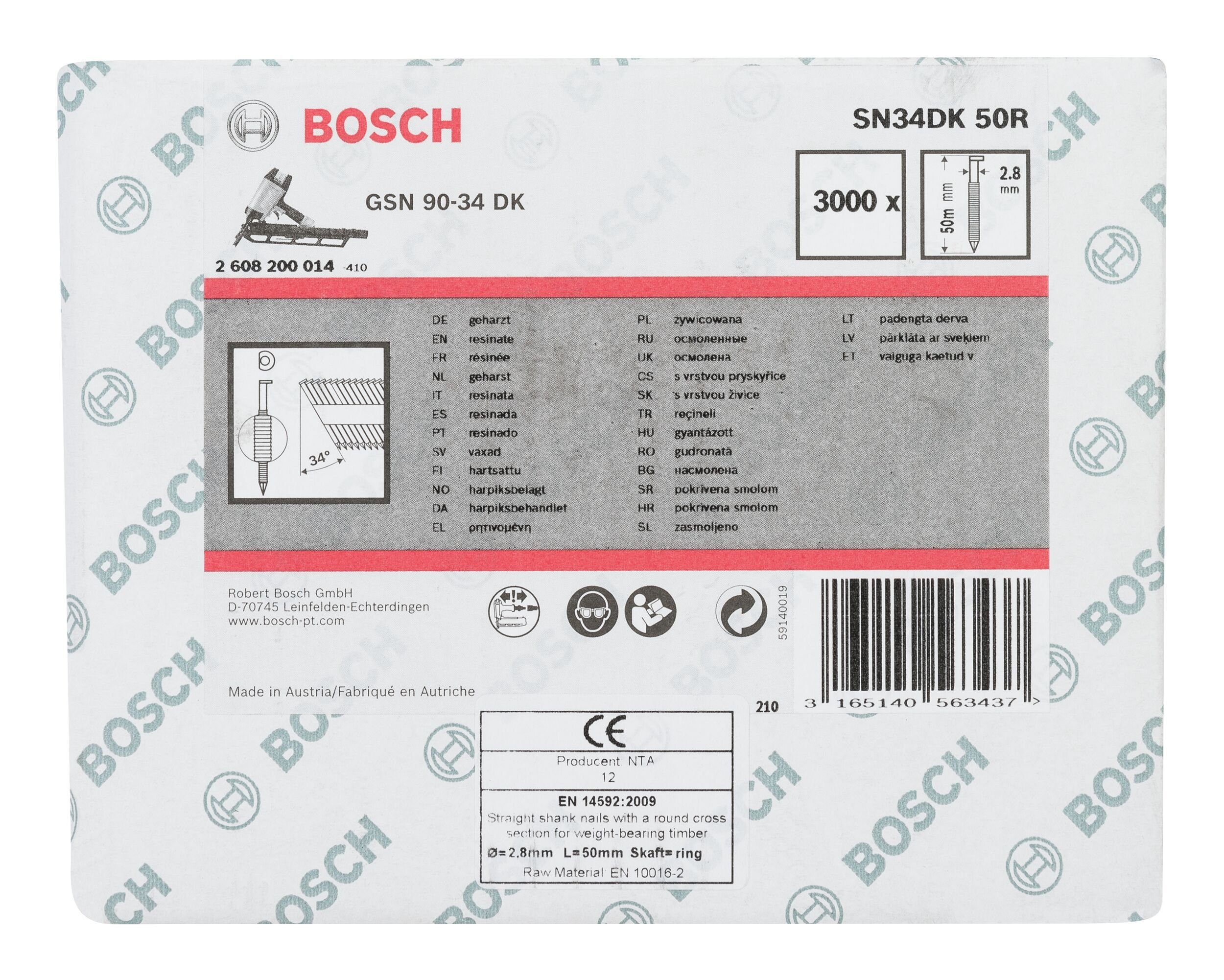 Thumbnail - BOSCH Tackerklammer, SN34DK D-Kopf Streifennagel blank gerillt - 2,8 x 50 mm - 3000er-Pack