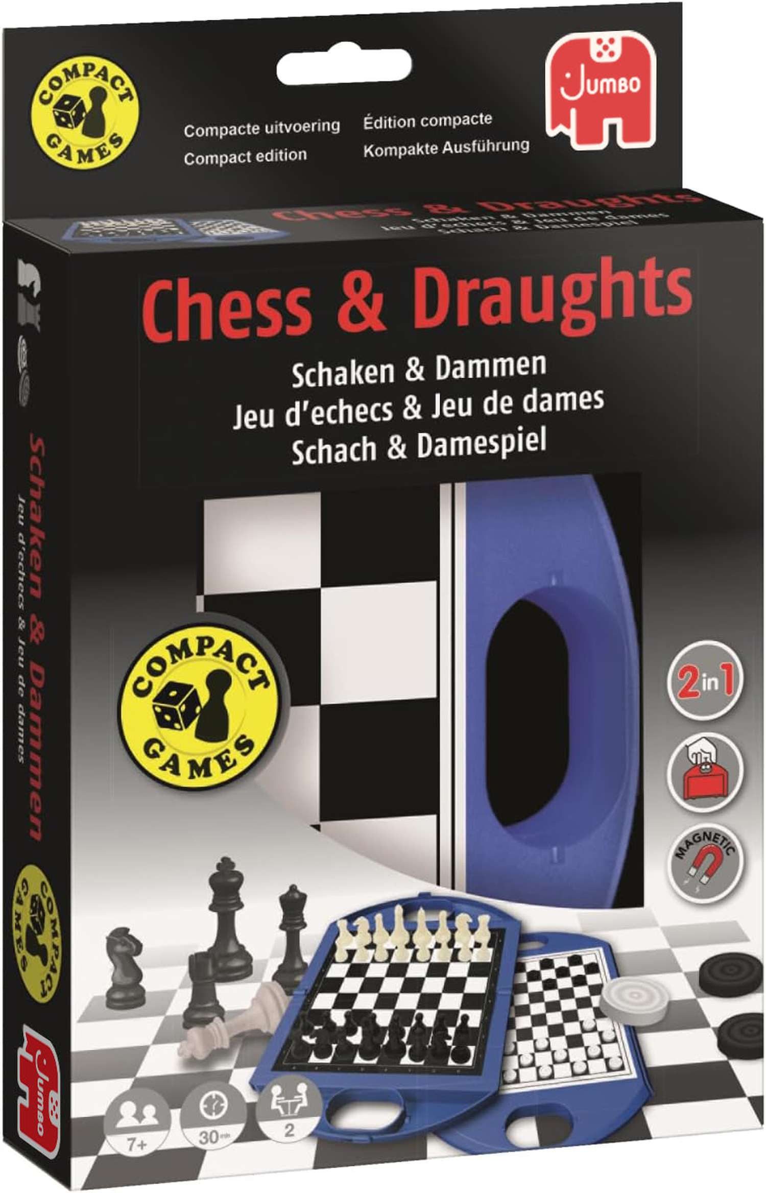 Jumbo Spiele Spiel Magnetisches Reise-Schach- und Damespiel für unterwegs