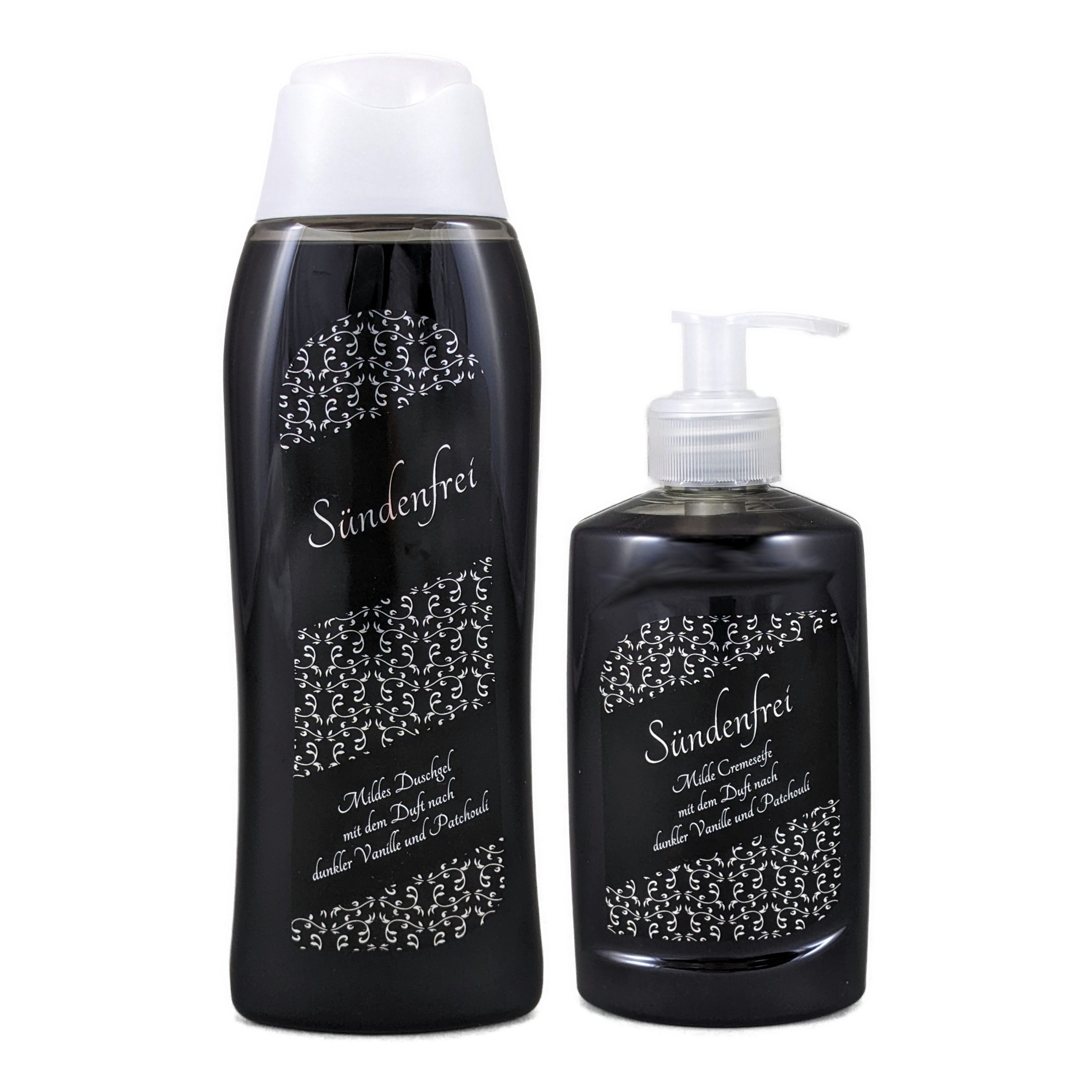 ≈petra Мило-Set Sündenfrei [je 300 ml] Duschgel & Cremeseife aus der ≈petra Manufaktur, tiefschwarz mit schwerem Duft dunkler Vanille und edler Patchouli-Note