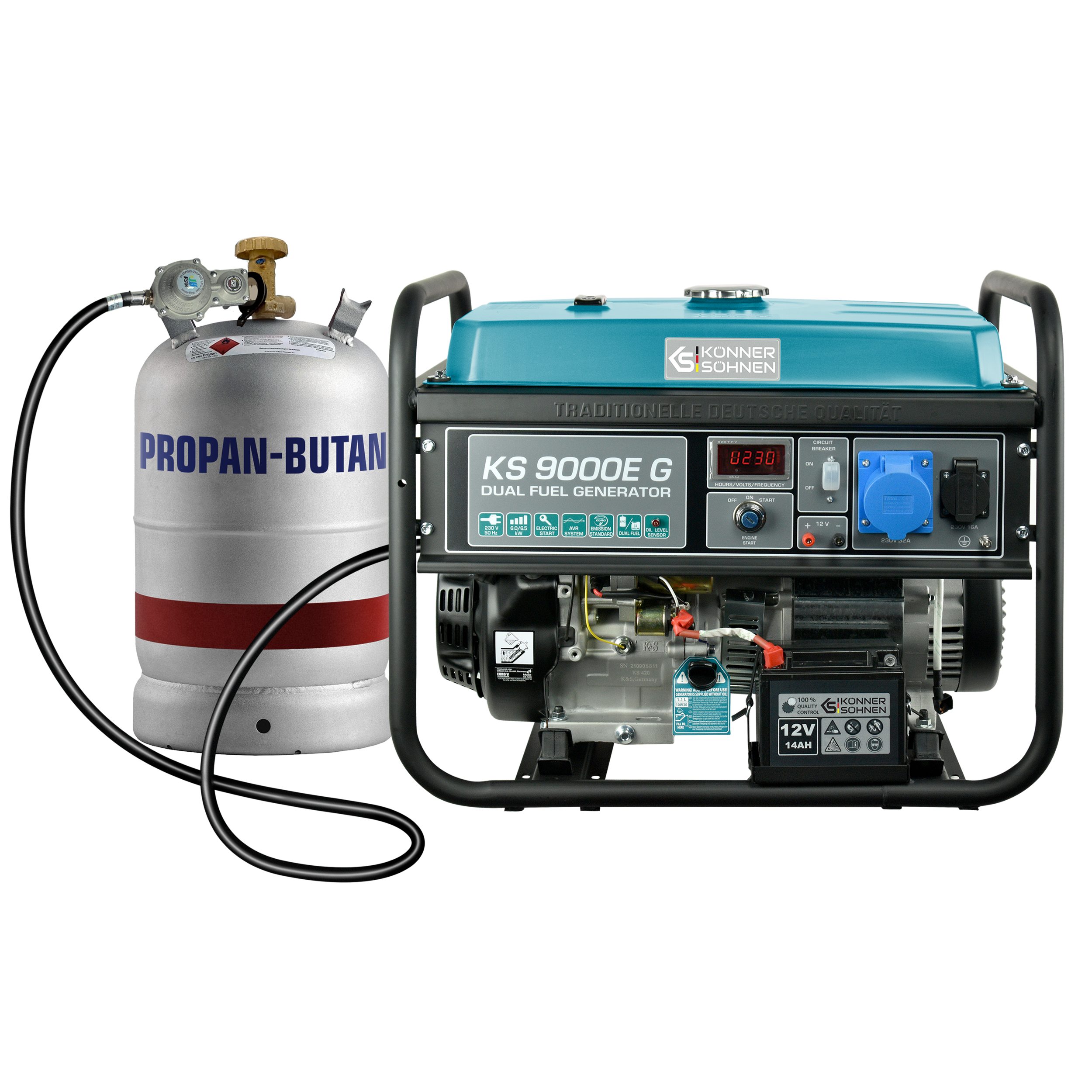 Könner & Söhnen Stromerzeuger KS 9000E G, 6,50 in kW, (Hybrid-Generator (LPG/Benzin) mit E-Start, 6.5 kW, 1-tlg., Hohe Leistung, 25L Tank, 15 Std. Laufzeit, 32A CEE-Dose), DUAL FUEL, E-Start, 32A Steckdose, 100% Kupfer, 16 PS