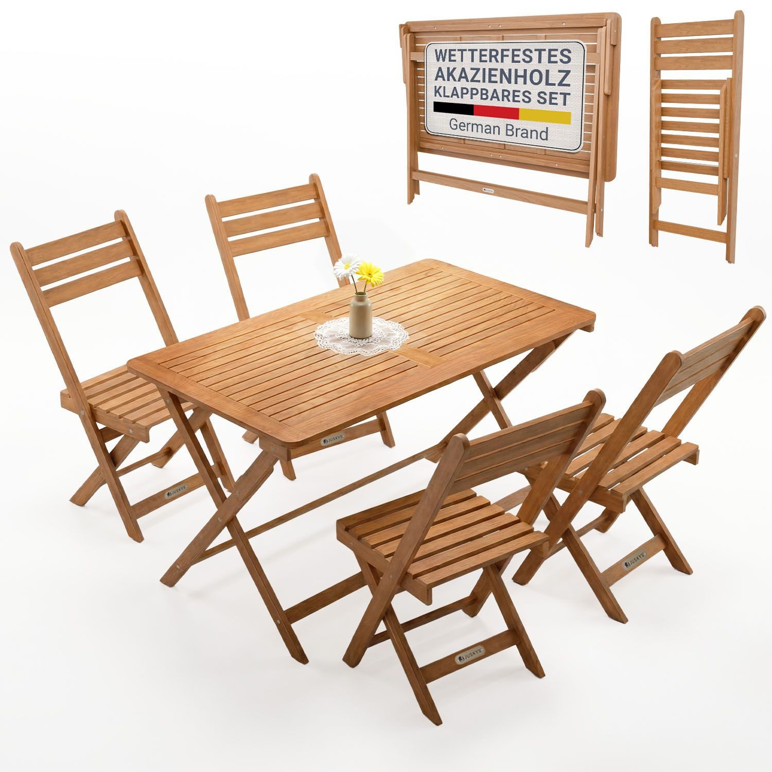 Juskys Essgruppe Rimini, (5-tlg., 4x Stühle. 1x Tisch), 4 Stühle & Tisch, klappbar, aus Akazienholz, geölt & wetterfest