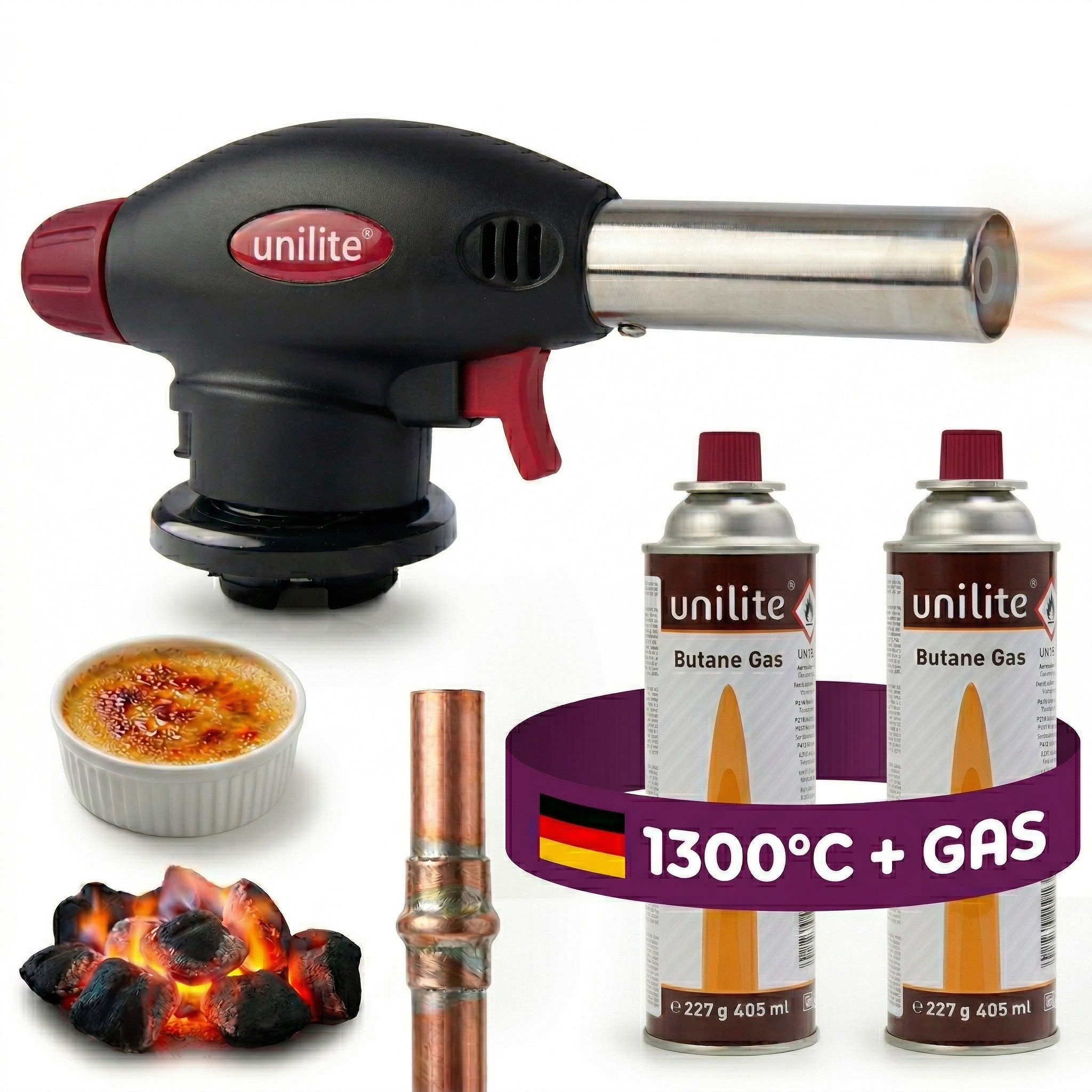 Unilite Flambierbrenner Gasbrenner Lötbrenner Set mit 2 x 227g Gaskartuschen, (3-tlg), 1300W, 1300°C, Piezozündung, MSF-1A-Kompatibel