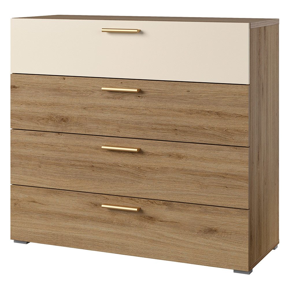 Lomadox Kommode VARESE-83, Eiche beige 4 Schubkästen goldfarbene Griffe 100x91,4x40,5 cm