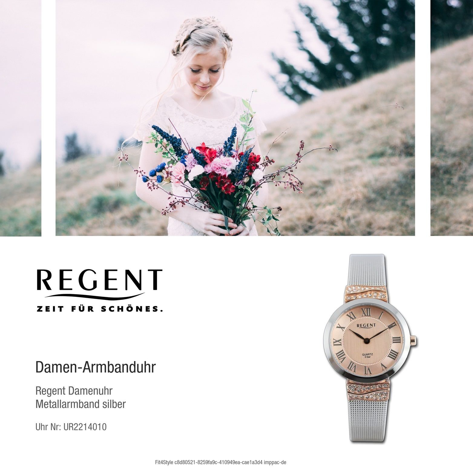 Regent (30mm) Gehäuse, Regent Armbanduhr Metallarmband groß rosegold, Damenuhr Damen rundes Quarzuhr Analog, silber,