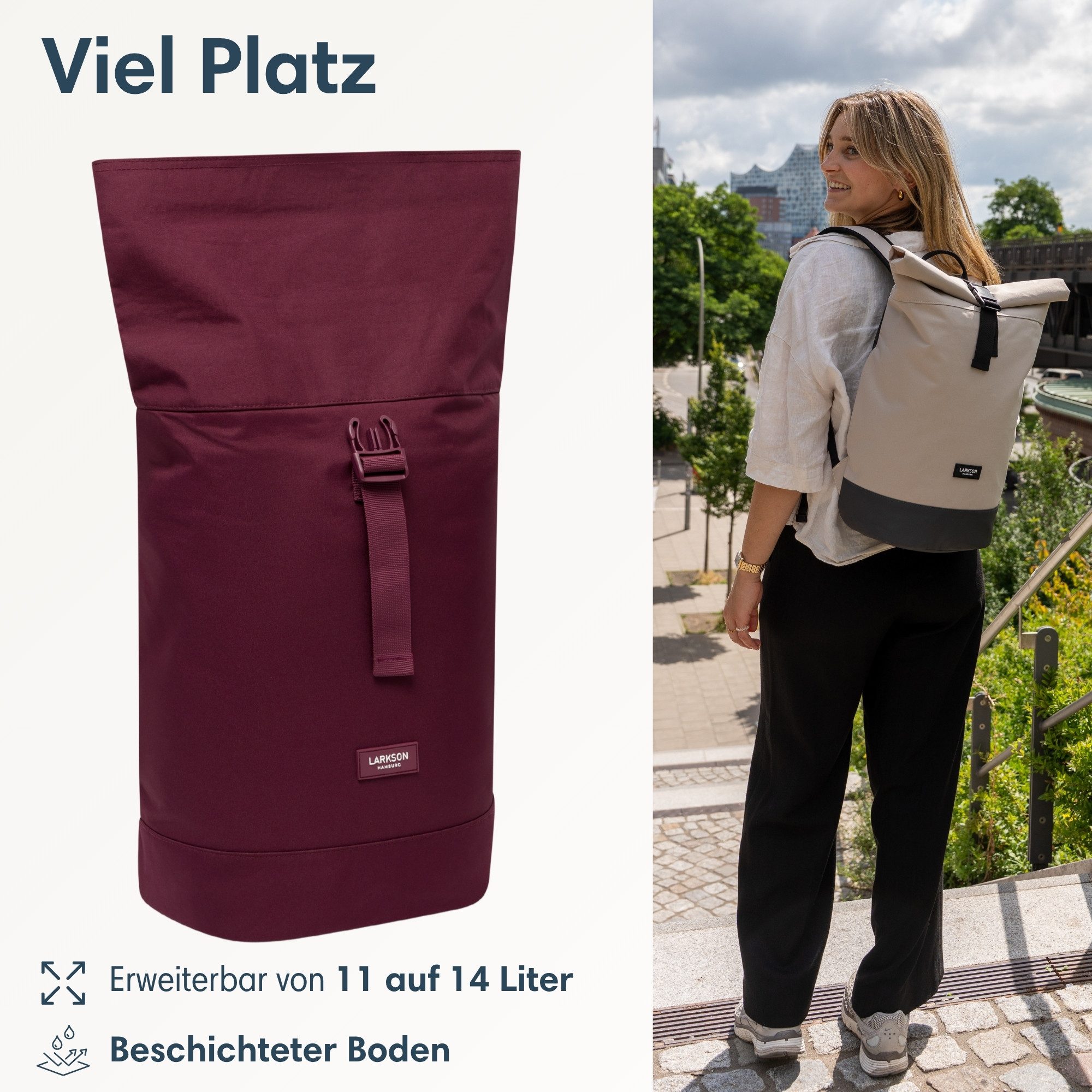 LARKSON Cityrucksack Janne Small Tagesrucksack 11-14 Liter für Damen & (1-tlg), Flexible Größe, Gepolstertes Laptopfach, Wasserabweisend