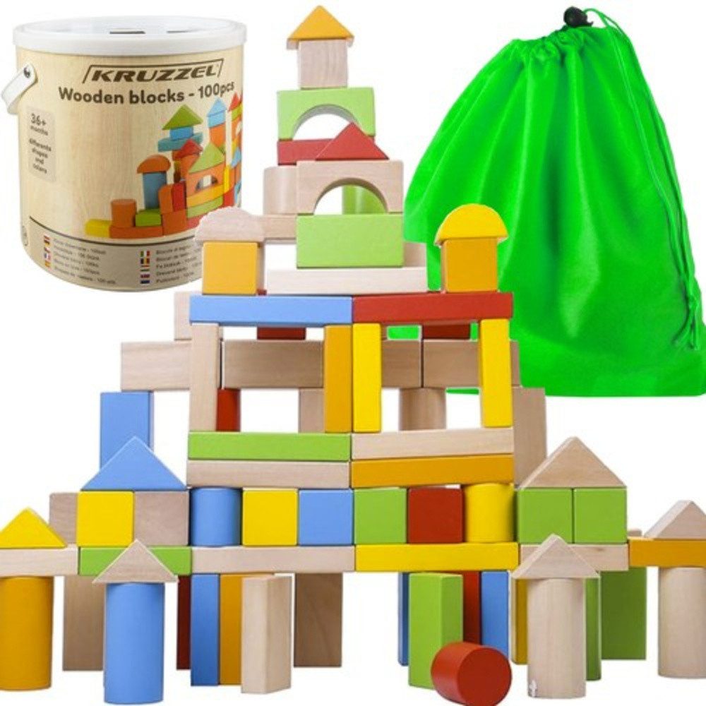 KRUZZEL Kinder Holzklötze City Spielbauklötze, (Spar-Set, 100 St., Motorik Stapeln), Holzspielzeug mit Tasche