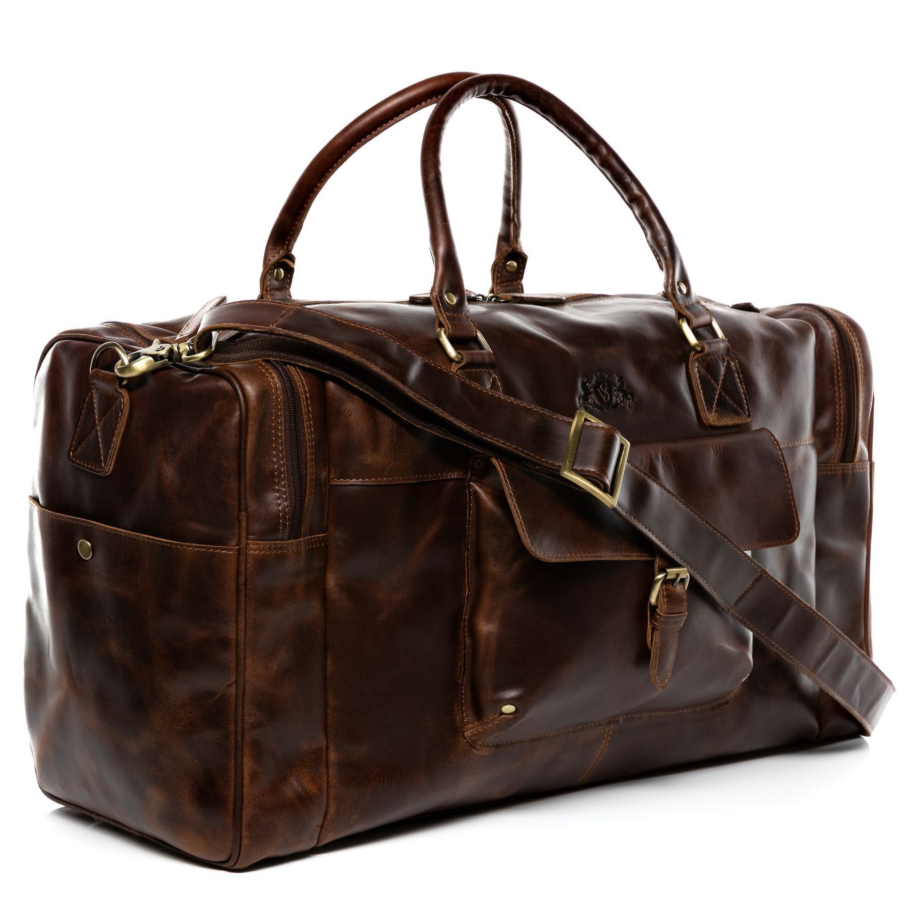 SID & VAIN Reisetasche YALE Weekender Handgepäck Schuhfach echt Leder, Reisetasche Duffle Reisegepäck Sporttasche Herren Damen braun