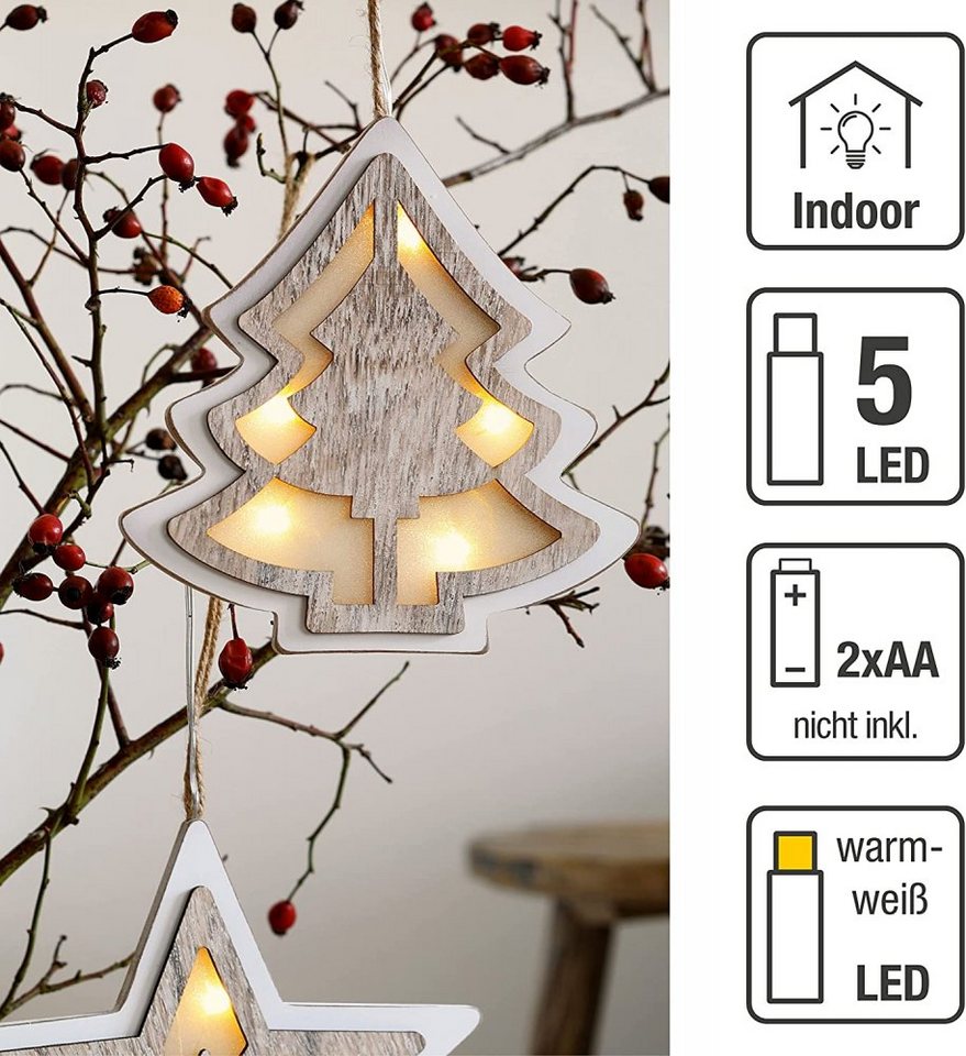 Hellum LED Fensterbild Hellum LED-Tannenbaum 3D warmweiß/weiß gebeizt,  Batteriebetrieb inne
