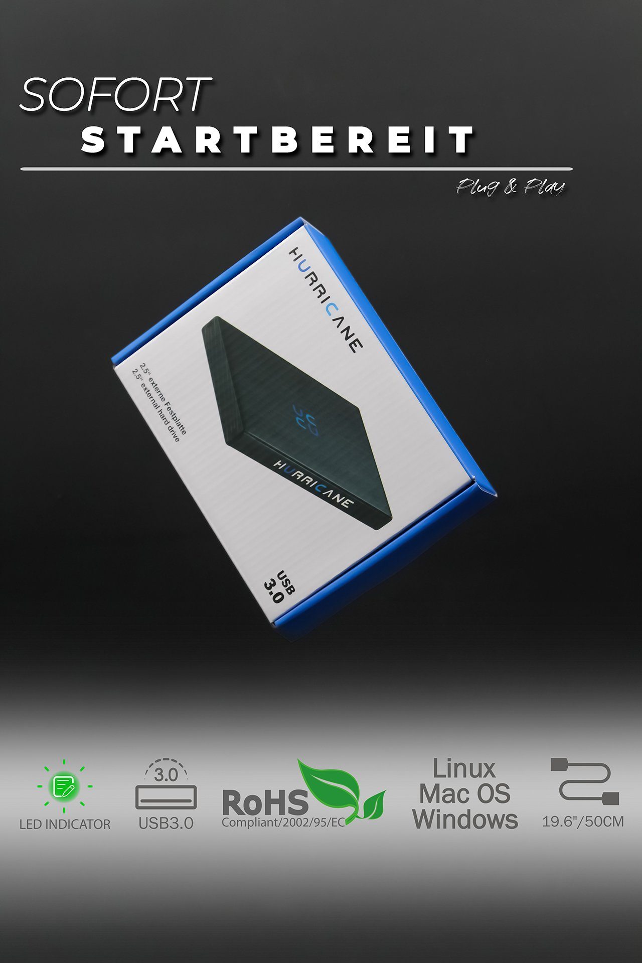 HURRICANE GD25612 portable externe Festplatte 750GB 2,5" USB 3.0 HDD Speicher externe HDD-Festplatte 2,5", für PC, Laptop, PS4, PS5, Xbox - kompatibel mit Windows, Mac, Linux